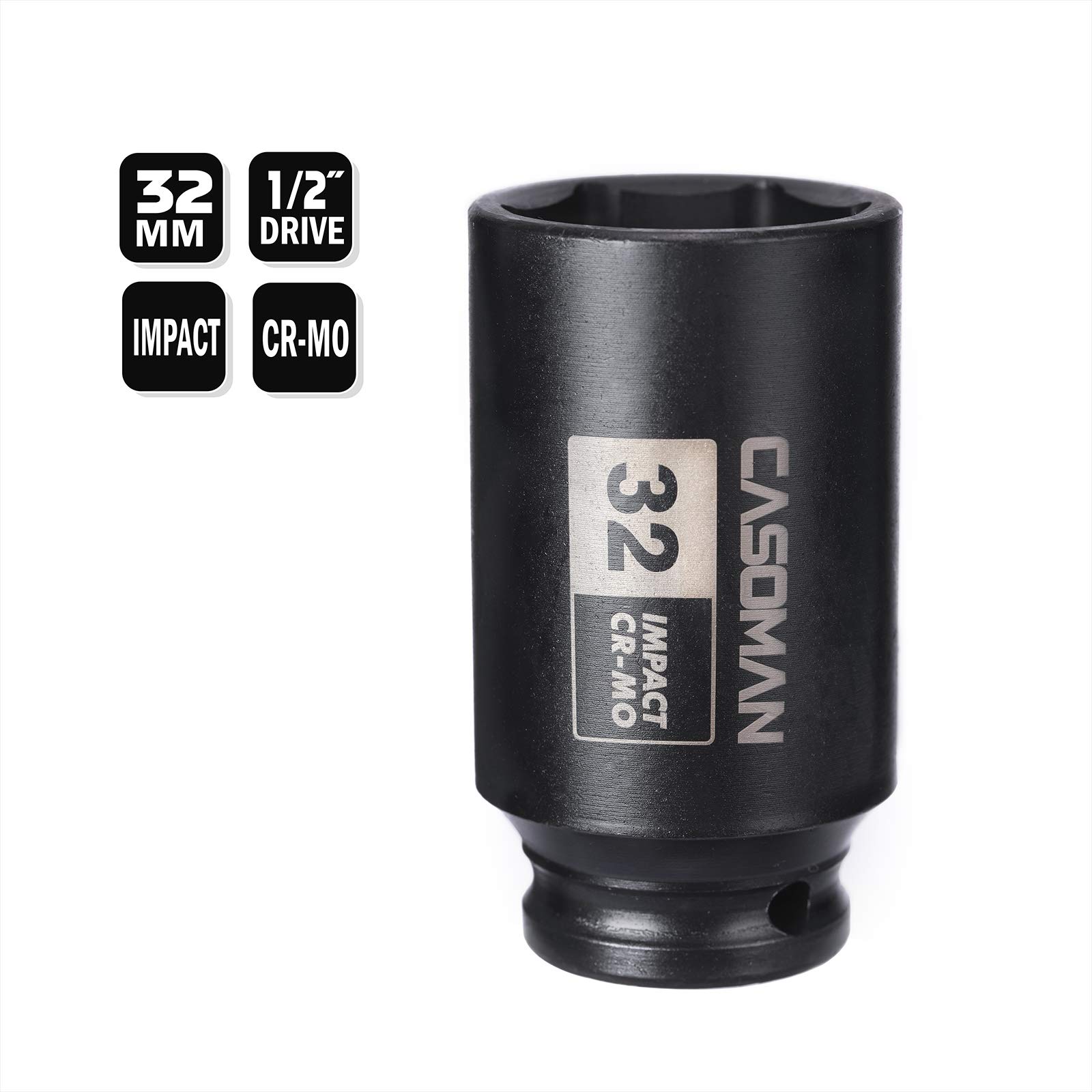 CASOMAN 1/2" Drive x 32 mm Deep 6 PT Impact Socket, CR-MO, 1/2-inch Drive 6 Point Axle Nut Socket for Easy Removal of Axle Shaft Nuts (32MM) — view 4