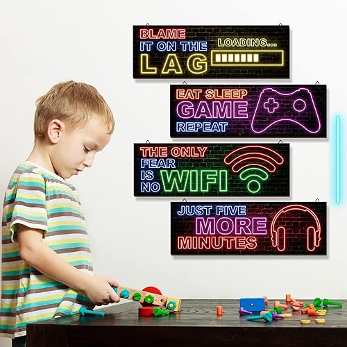 Miniatura 3 de 4 piezas de decoración de juegos de neón para habitación de niños, arte de pared de videojuegos de madera, citas motivacionales, placas colgantes