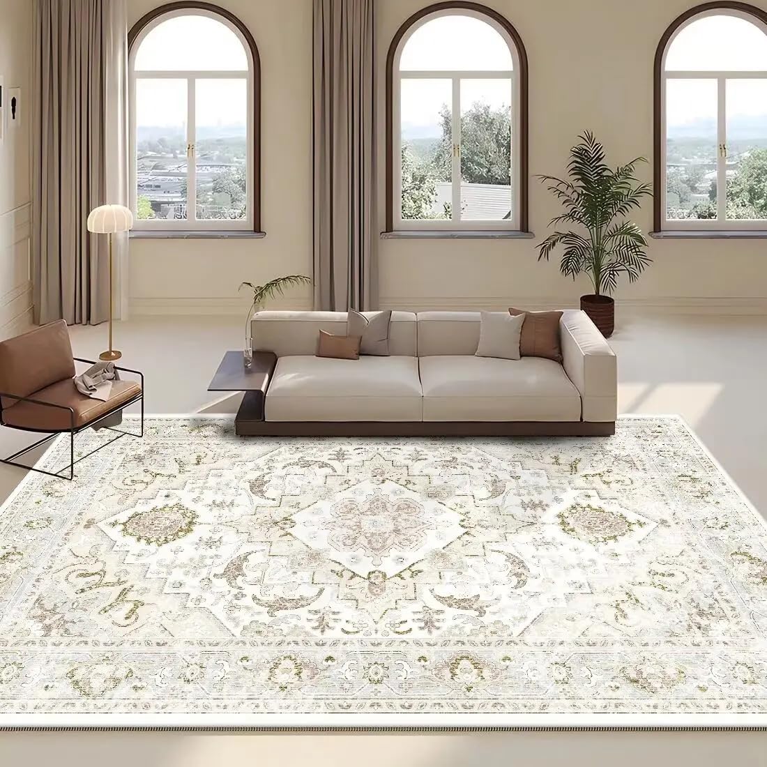 Tapis persan rétro de prestige, décoration canapé grand format 200x200cm lavable