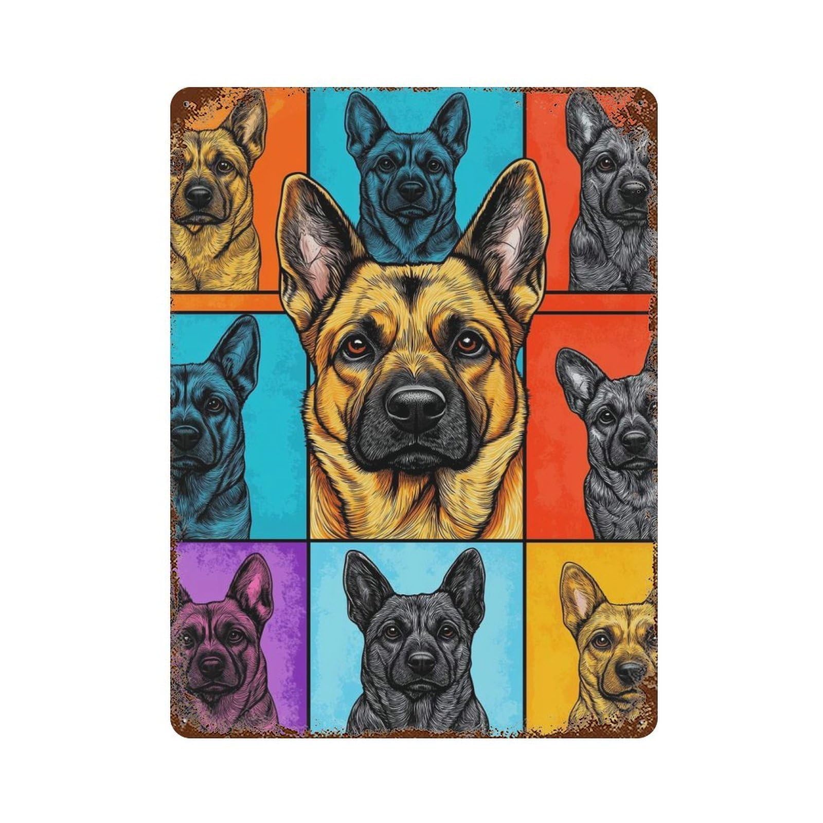 Rustic Tin Plaque with Pop Art German Shepherd Design 15.7"x11.8", for Cafe, Home Bar And Lounge Decor, Industrial Home Decor