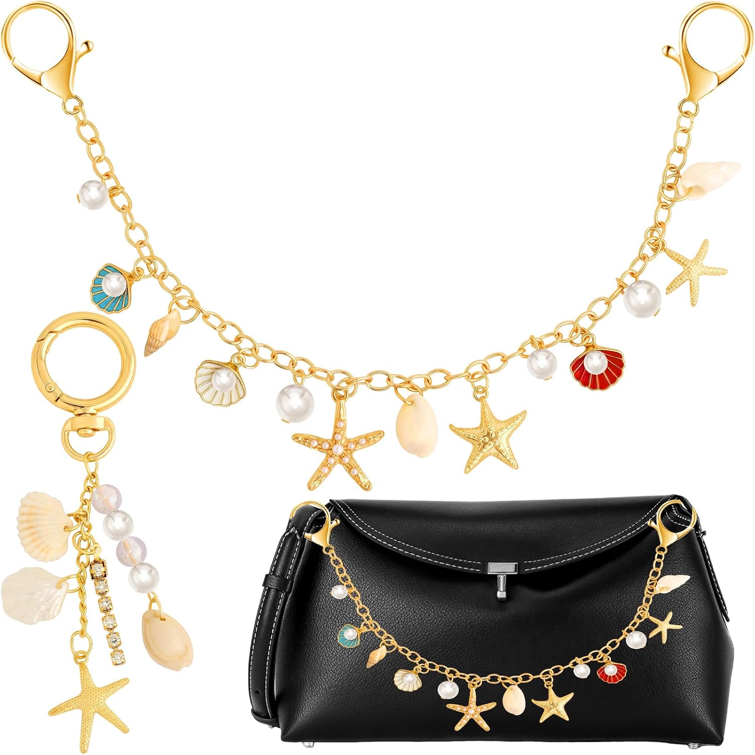 PLwelth Seashell Bag Charms for Handbags Starfish Keychain for Women Golden Bag Chains Purse Charm Bags Short Handle Replacement for Tote Crossbody Shoulder Bags Metal Purse Extender Chain Accessories