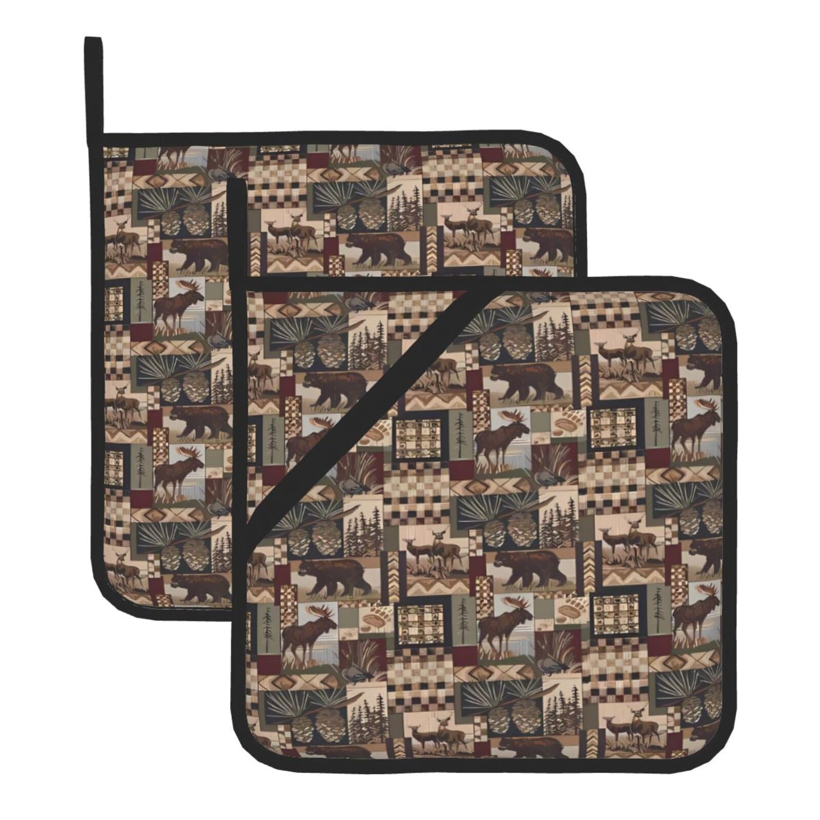 WHJSHOP Rustic Lodge Bear Prints Square Hot Pads for Kitchen - Waterproof Pot Covers with Hanging Loops - Thick Heat Resistant Trivets for Serving & BBQ, 2-Piece Set