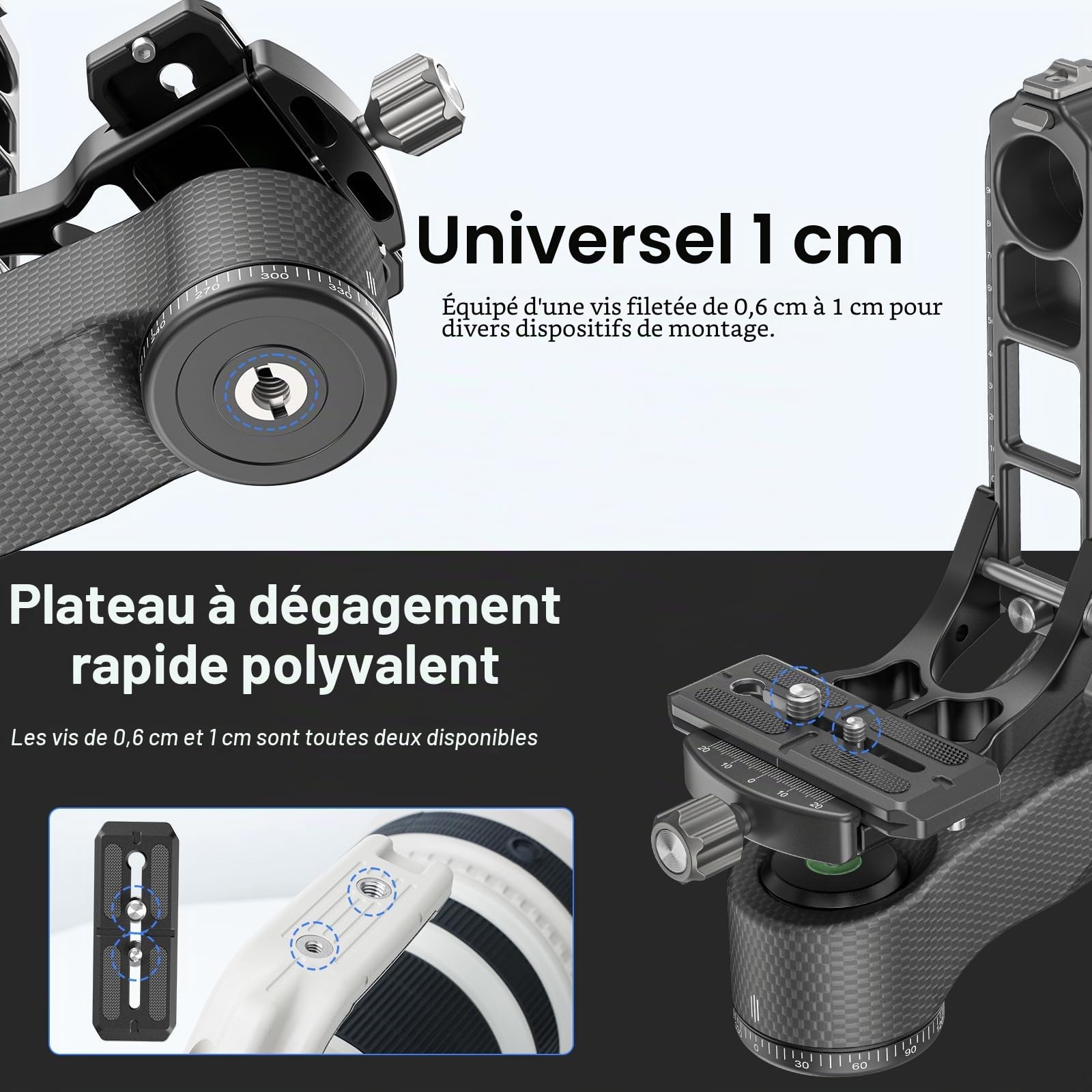 WEYLLAN Tête de Trépied Professionnelle en Fibre de Carbone, Panoramique 360° avec Plaque Dégagement Rapide Arca 1/4'' 3/8'' pour Appareil Photo Reflex Numérique, Charge 20kg
