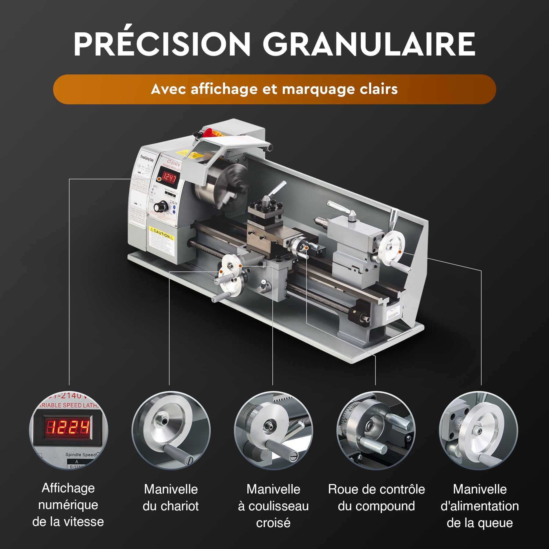 CREWORKS 750W Mini Tour à Métaux d'Établie 210x400mm 8"x16" Haute Précision avec Mandrin à 3 Mâchoires et Vitesse de Broche Max. 2500rpm Écran LCD pour Filetage Tournage Perçage