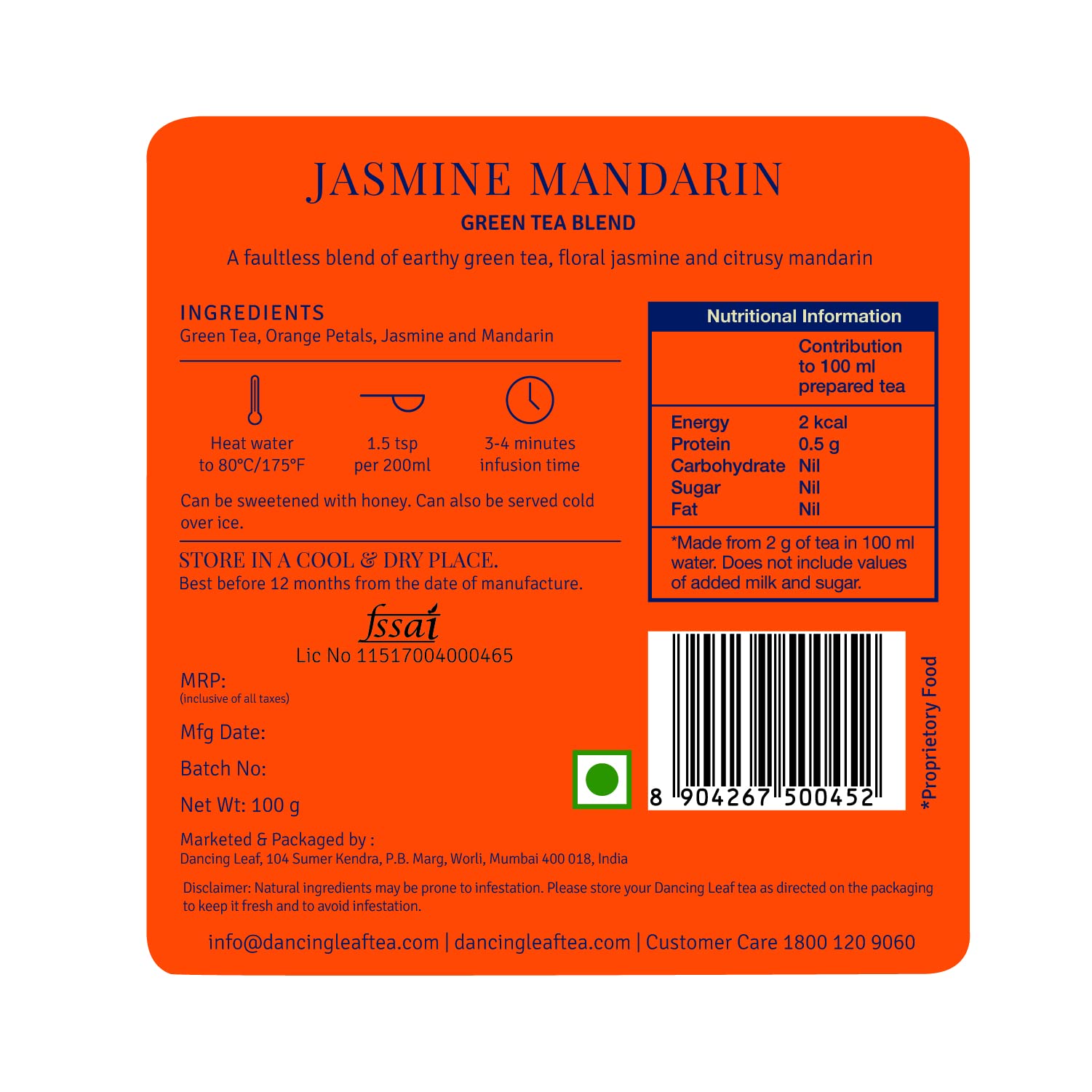 Dancing Leaf Jasmine Mandarin | Green Tea, Orange Petals, Jasmine flowers & Mandarin Bits | Loose Leaf Pouch (50gms) - Image 2 thumbnail