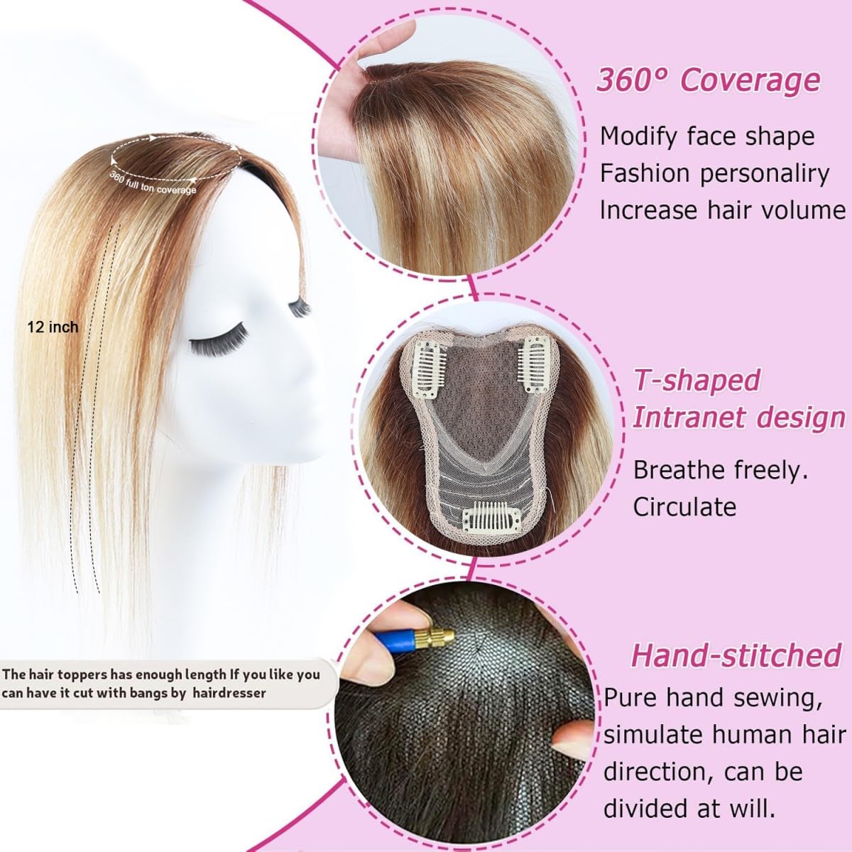 Sexycat Hair Toppers for Thinning Hair Women Real Human Hair Mixed Color Clip in Hairpieces Human Hair Top of Head Fluffy Without Bangs - Image 2