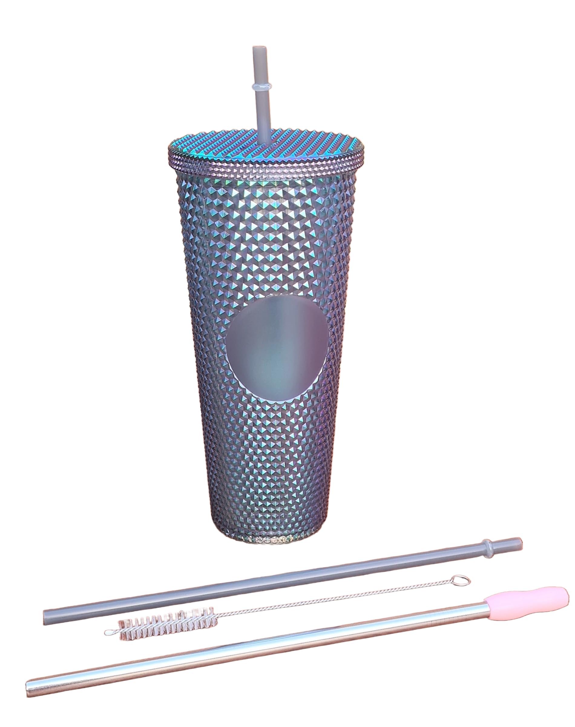 ThreeRs Reuse Recycle Reduce Studded Tumbler Cup with Straw Lid Double Walled for Ice Coffee Water Slush Smoothies Home Cinema Your Favourite Drinks for Everyone 24OZ 710ml (Oil Slick)