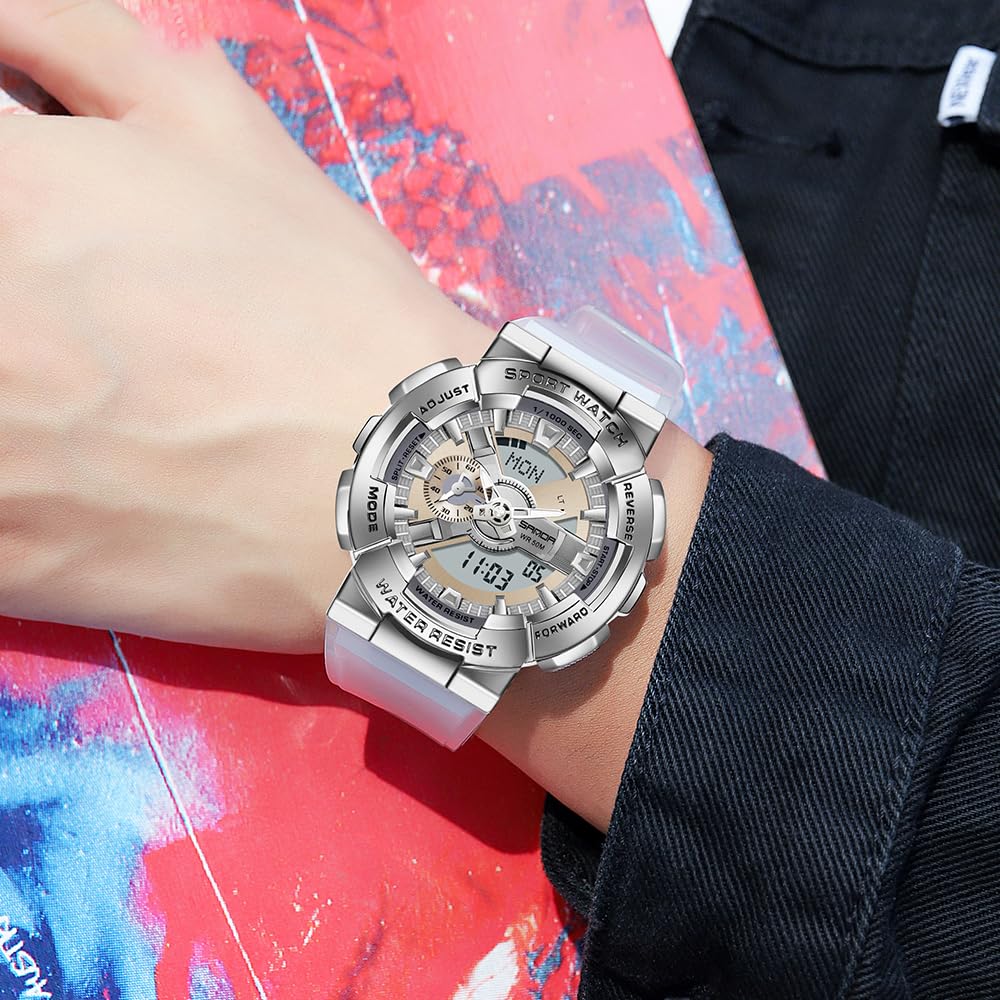 MASTOP Montre pour homme couleur arc-en-ciel analogique numérique étanche 5 ATM, contraste élevé, noir brillant, montre militaire d'extérieur rétroéclairée
