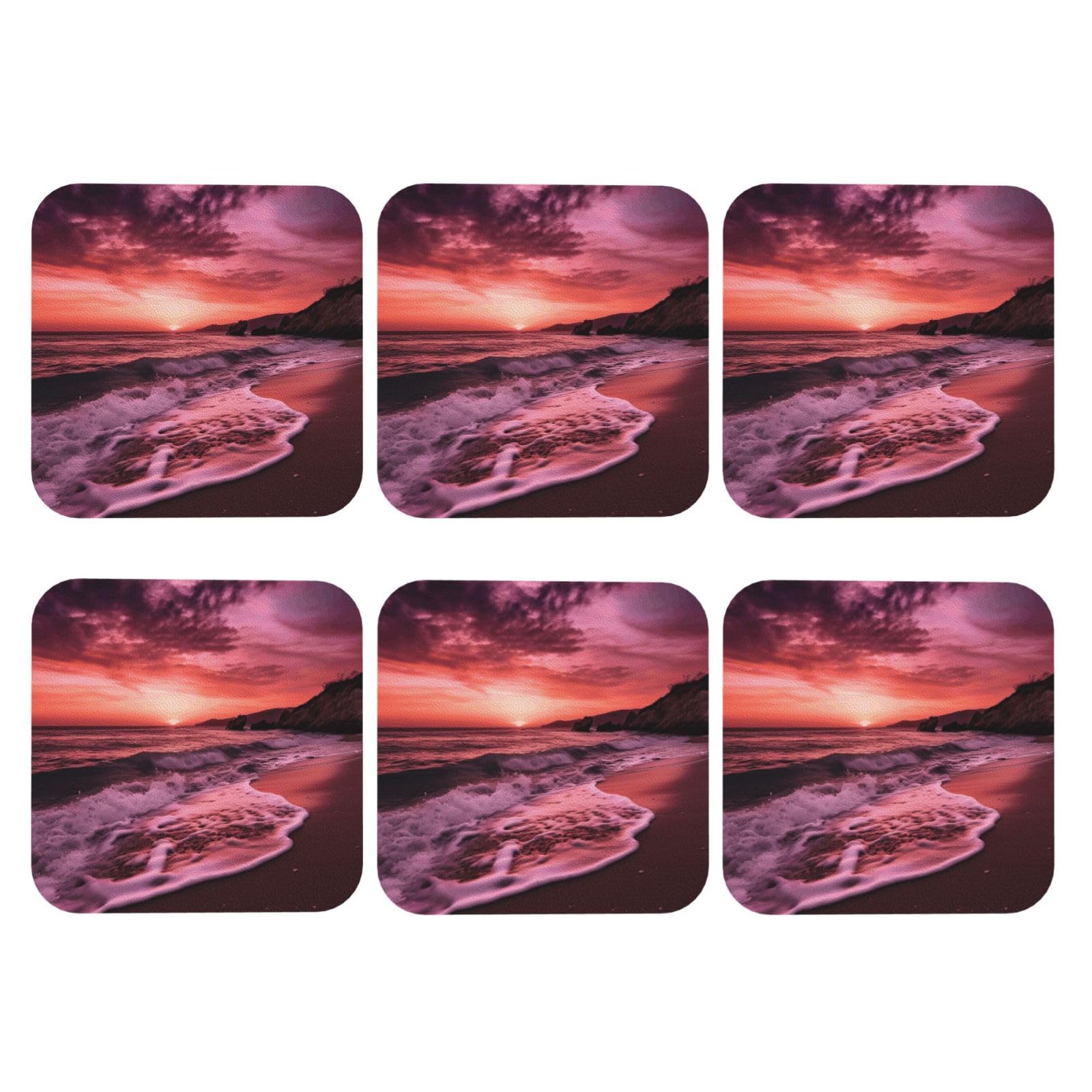 6pcs Leather Coasters for Drinks, Beach Sunset Drink Coasters for Tabletop Protection, 4" Cup Coasters for Coffee Table Decor, Non-Slip Drinking Cup Mat for Hot Or Cold Drink