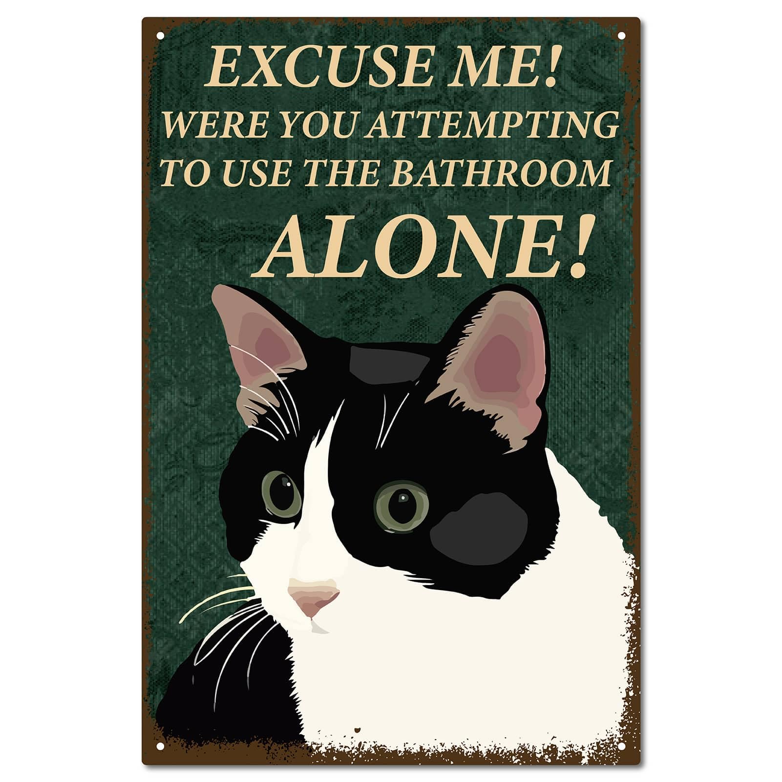 CREATCABIN Cat Tin Sign Bathroom Vintage Metal Sign Poster Retro Painting Plaque Iron White Cat Home Wall Decor Art Mural Hanging for Washroom Bathroom Toilet Home Lover Gift 12 x 8 Inch