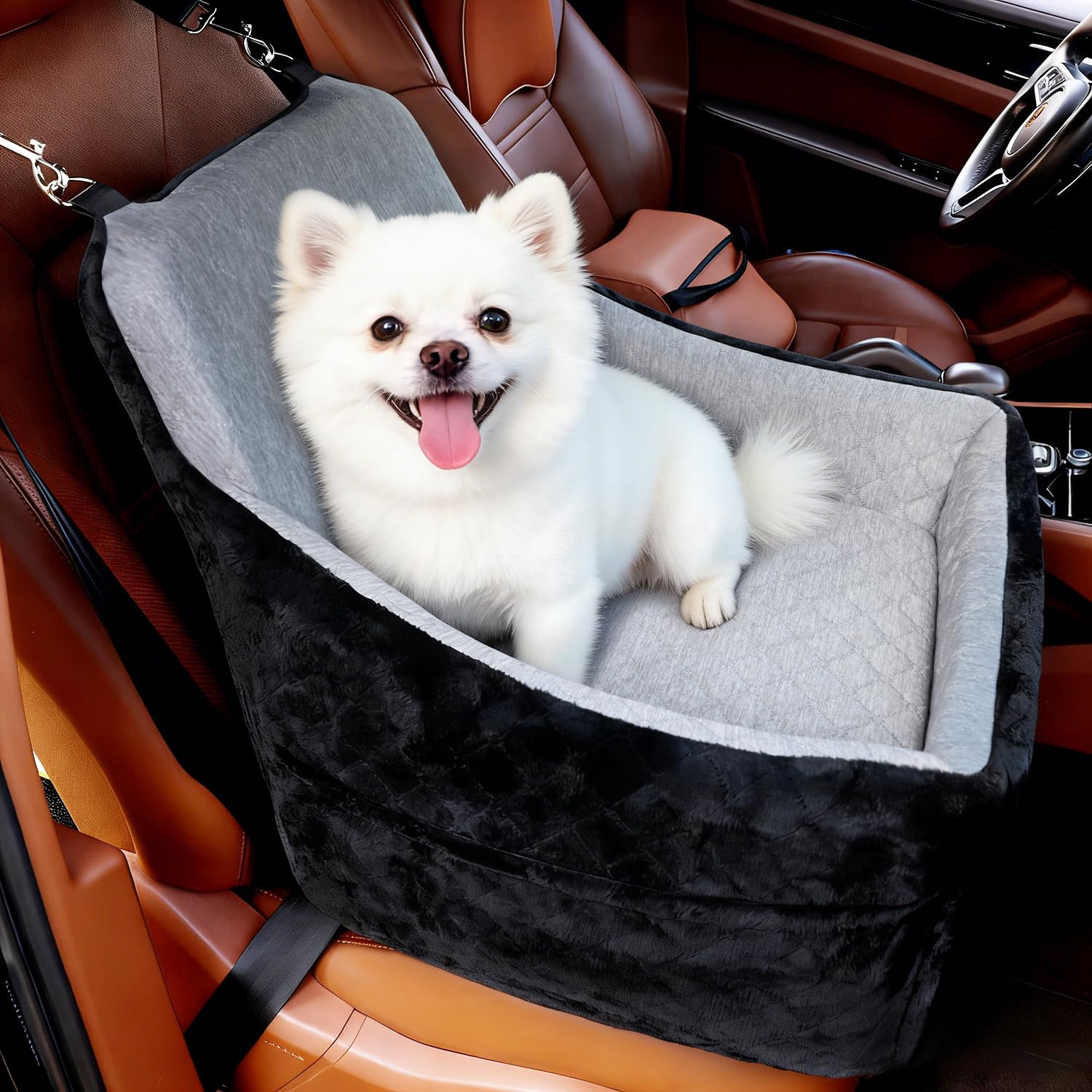 Hunde Autositz für kleine & mittlere Hunde – Abnehmbarer, waschbarer Hundesitz bis 30lbs, mit Staufächern & Sicherheitsgurt als reversibles Hundebett