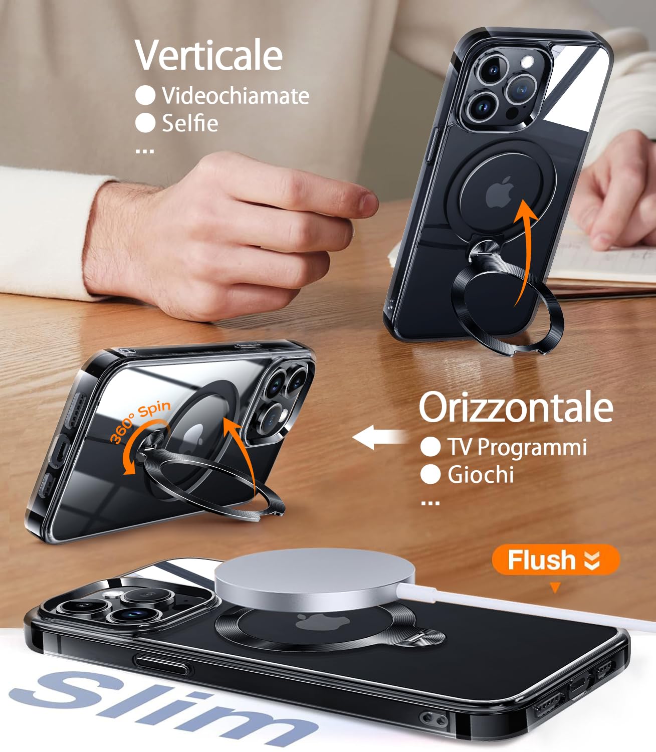 360° Girevole Supporto Magnetica Cover per iPhone 16 Pro [Stabile CD Anello Supporto per MagSafe] [N.1 Potenza Magnetica & Protezione Militare] Custodia Protettiva Antiurto Sottile, Nero