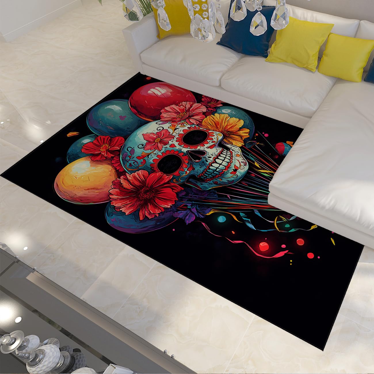 Dywaniki 240 x 300 cm zmywalny dywan kwiatowy Dzień Zmarłych czaszka dywan do salonu jadalni kolorowe balony kwiatowe cukier czaszka cienkie dywaniki
