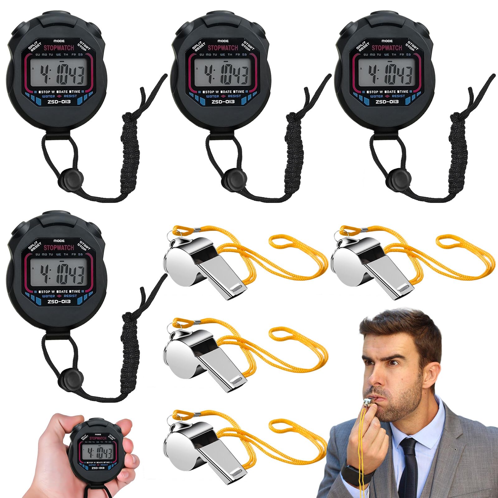 Lot De 4 Chronomètres Sport Numériques Avec Sifflet - Chrono LCD + Sifflet Inox Pour Coach Et Athlètes