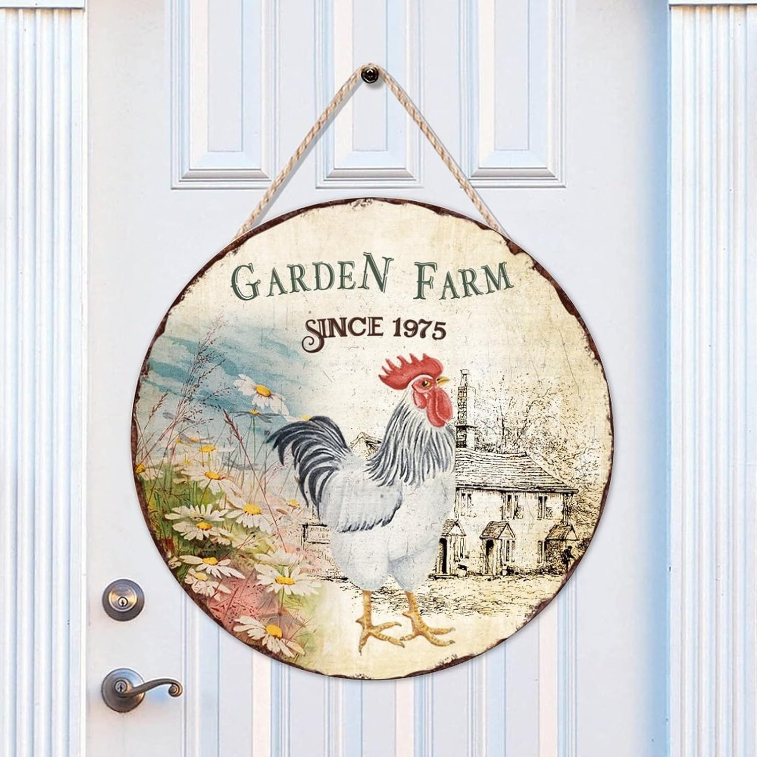 Retro Front Door Round Wood Sign, Garden Farm Since 1975 Wood Door Sign, Vintage 16x16in Wall Door Hanging Sign for Front Door Entryway Porch Bar Pub Housewarming Gifts