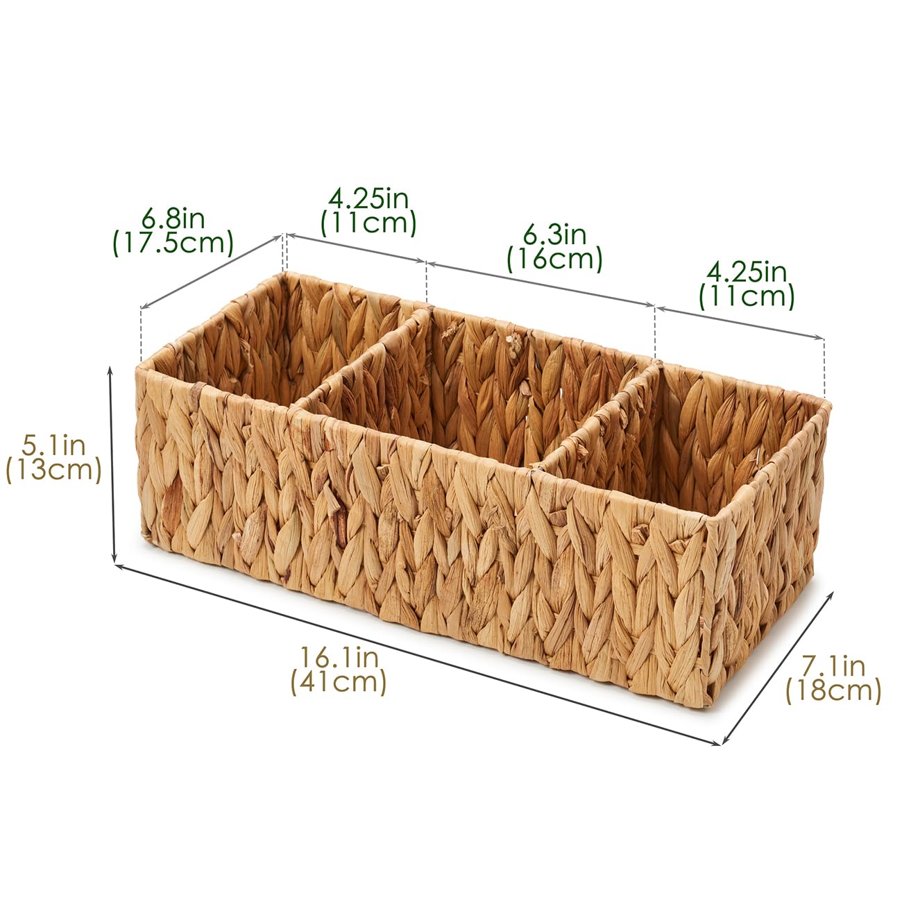 EZOWare Lot de 2 Paniers de Rangement Divisé en Jacinthe d'Eau Tressé, 3 Compartiments Osier Naturel Boîte de Rangement Rectangulaires Pour Chambre d'Enfant, Salle de Bain, Garde Manger