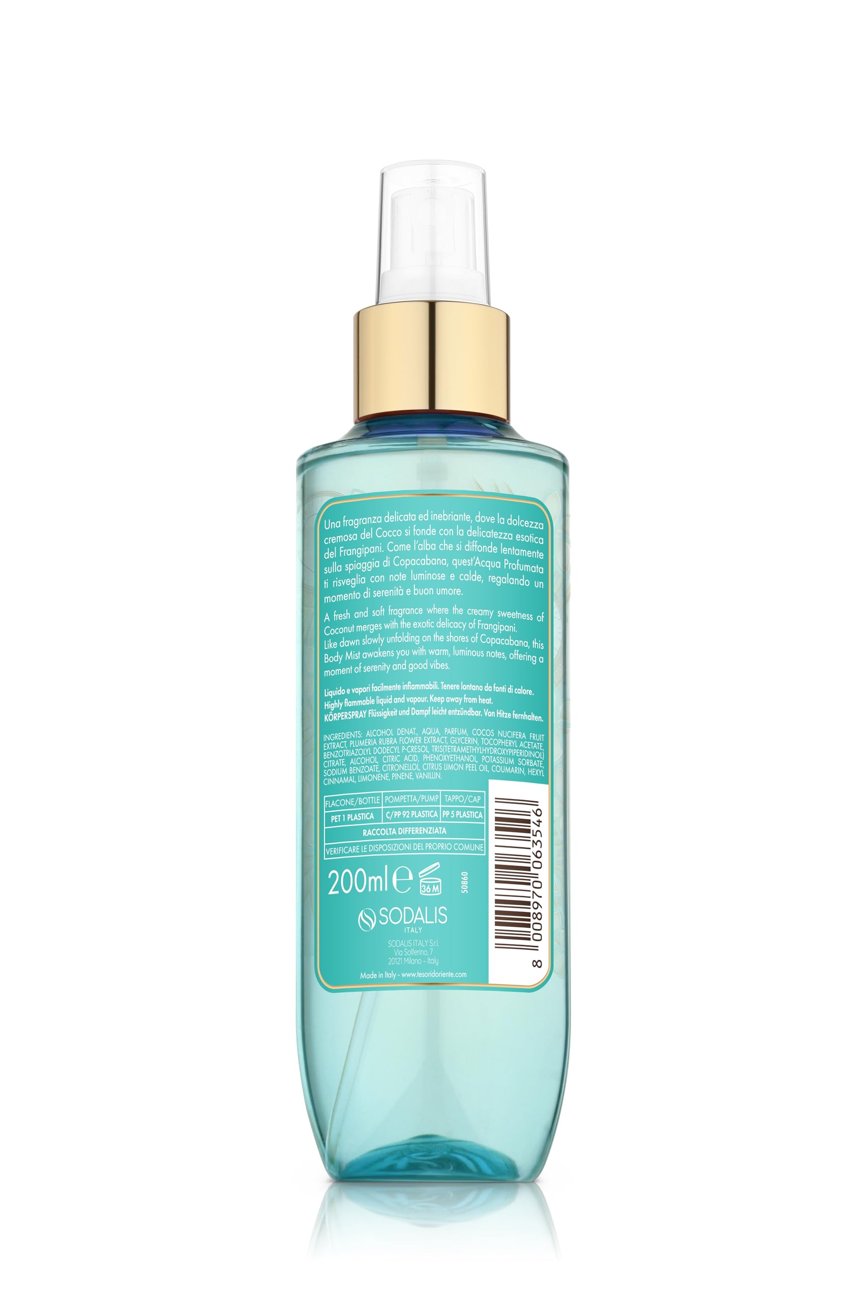Tesori d'Oriente, Acqua Profumata Corpo, Cocco e Frangipani, Sunrise in Copacabana, Fragranza Fruttata, Fresca e Morbida, 200ml