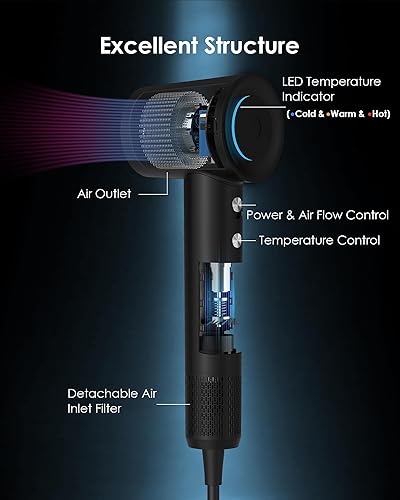 Miniatura 5 de Secador de pelo, secador de iones negativos para mujeres y hombres, motor sin escobillas de 110, 000 RPM, 3 ajustes de calor, boquilla magnética