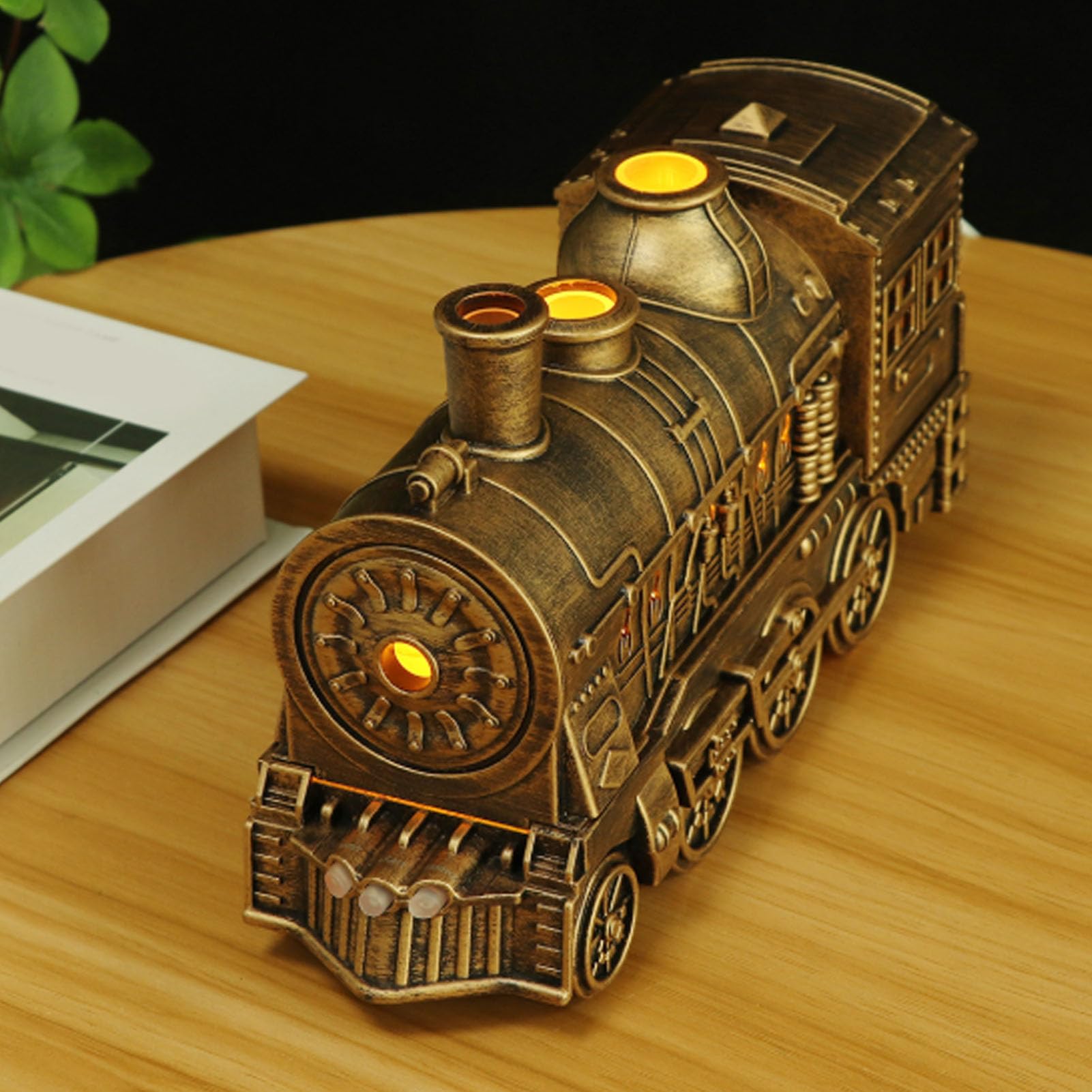 Luftbefeuchter Zug, 300ml Oil Diffuser Kaltnebel Therapie Luft Diffusor mit Doppelsprühauslass Automatische Abschaltung, Flammeneffekt (goldene mit Fernbedienung)