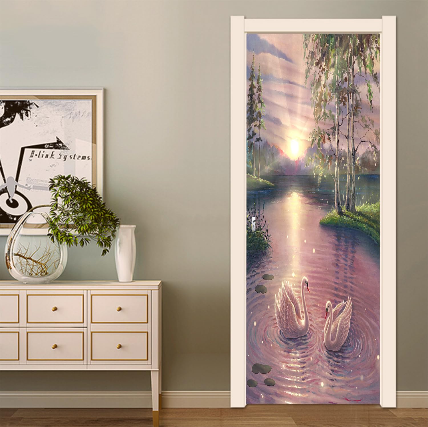 FLFK Peel and Stick Door Sticker 77x200cm-3D Sunset Fantasy Swan Self-Adhesive Door Mural Poster Photo Wallpaper for Bedroom Office Decor(2Pcs/Set)