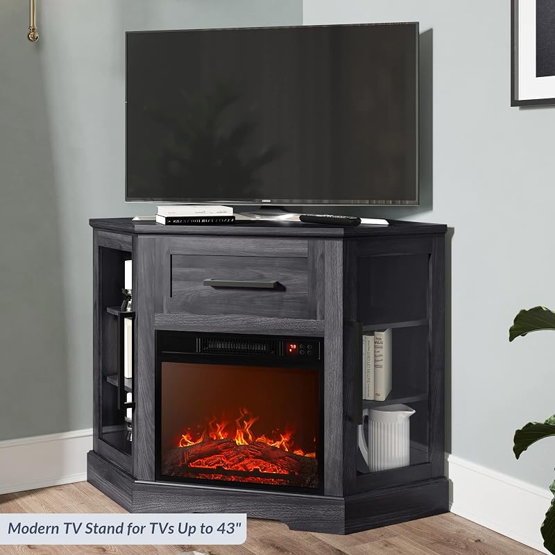 BELLEZE Dale 43" Corner TV Stand with 18" Electric Fireplace - Rustic Grey image 2