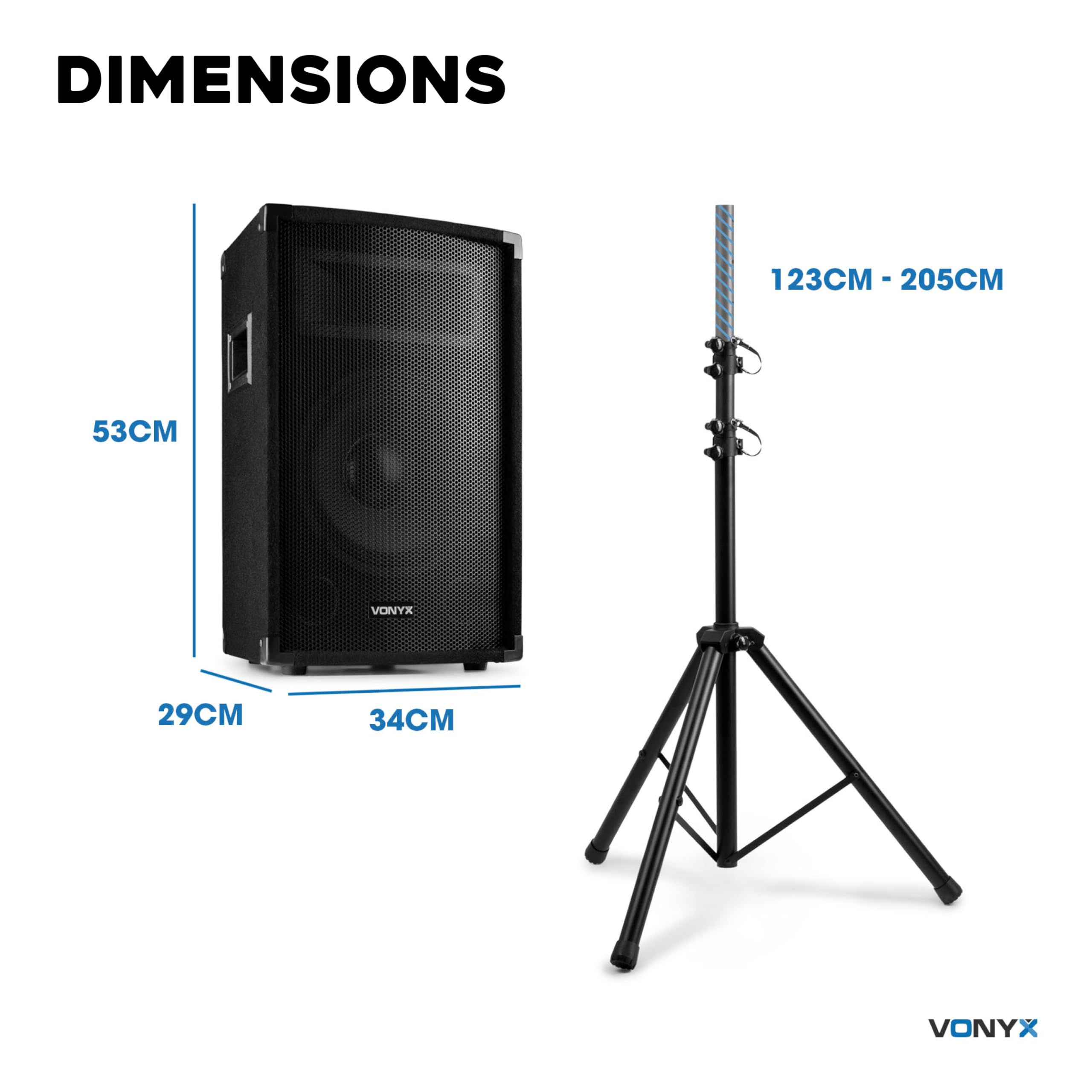 VONYX VX210 Système de Sonorisation Complet Bluetooth - 800 Watts, avec Trépieds Réglables, Table de Mixage Amplifiée, 2 Enceintes, Câbles, Microphone, Idéal pour Animer Vos Soirées