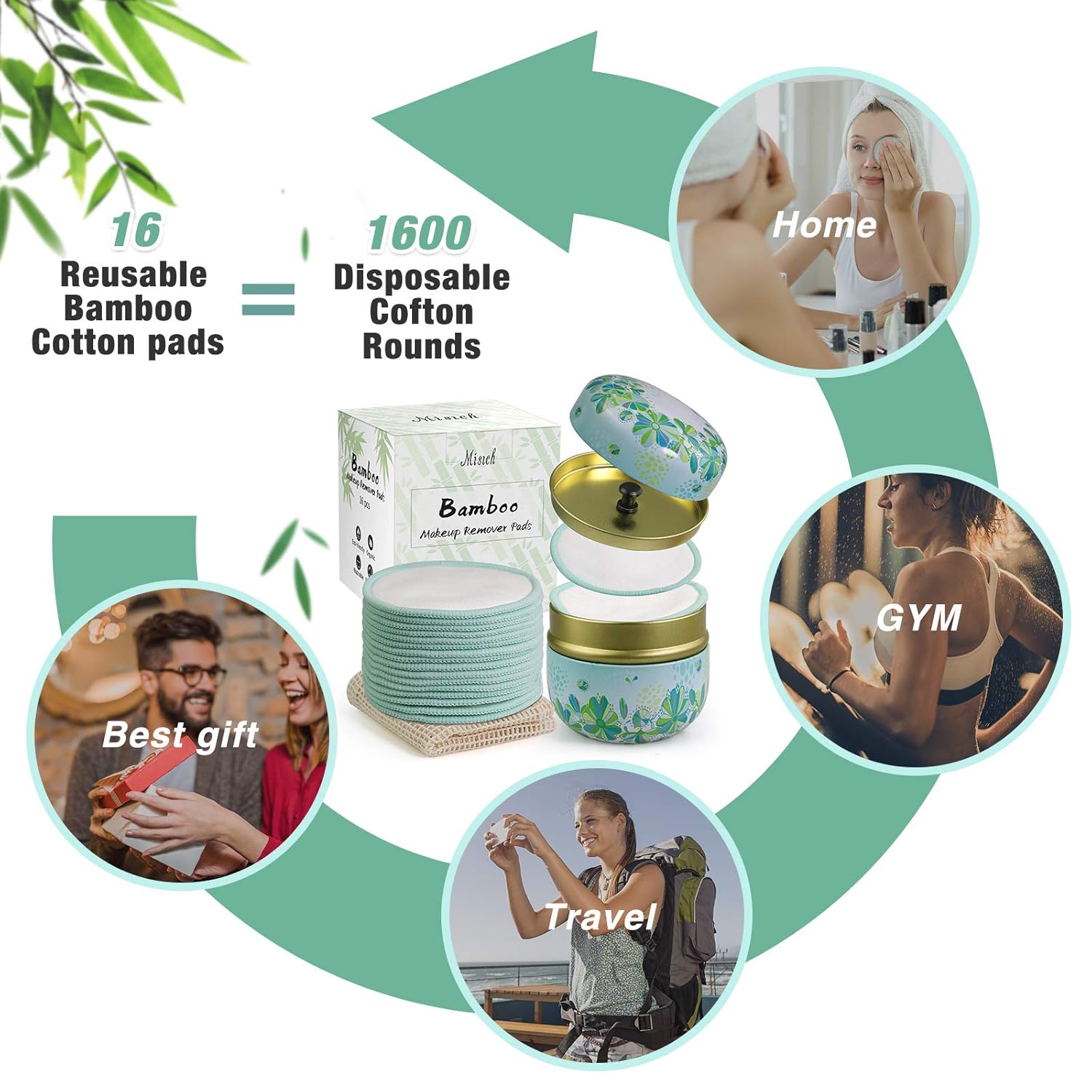 MISICH 16 Packs Reusable Bamboo Cotton Makeup Remover Pads,Organic Cotton Round,Pretty Metal Box,Washable Laundry Bag,Best Gift,Eco-Friendly& Harmless : Everything Else