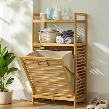 FORRTY Bamboo Laundry Hamper 3-Tier/4-Tier, Tilt-Out Laundry Basket, Removable Liner Bags, Freestanding Laundry Sorter Shelf Organizer For Clothes, Towels, Bathroom, Bedroom, Laundry RoomThree layers