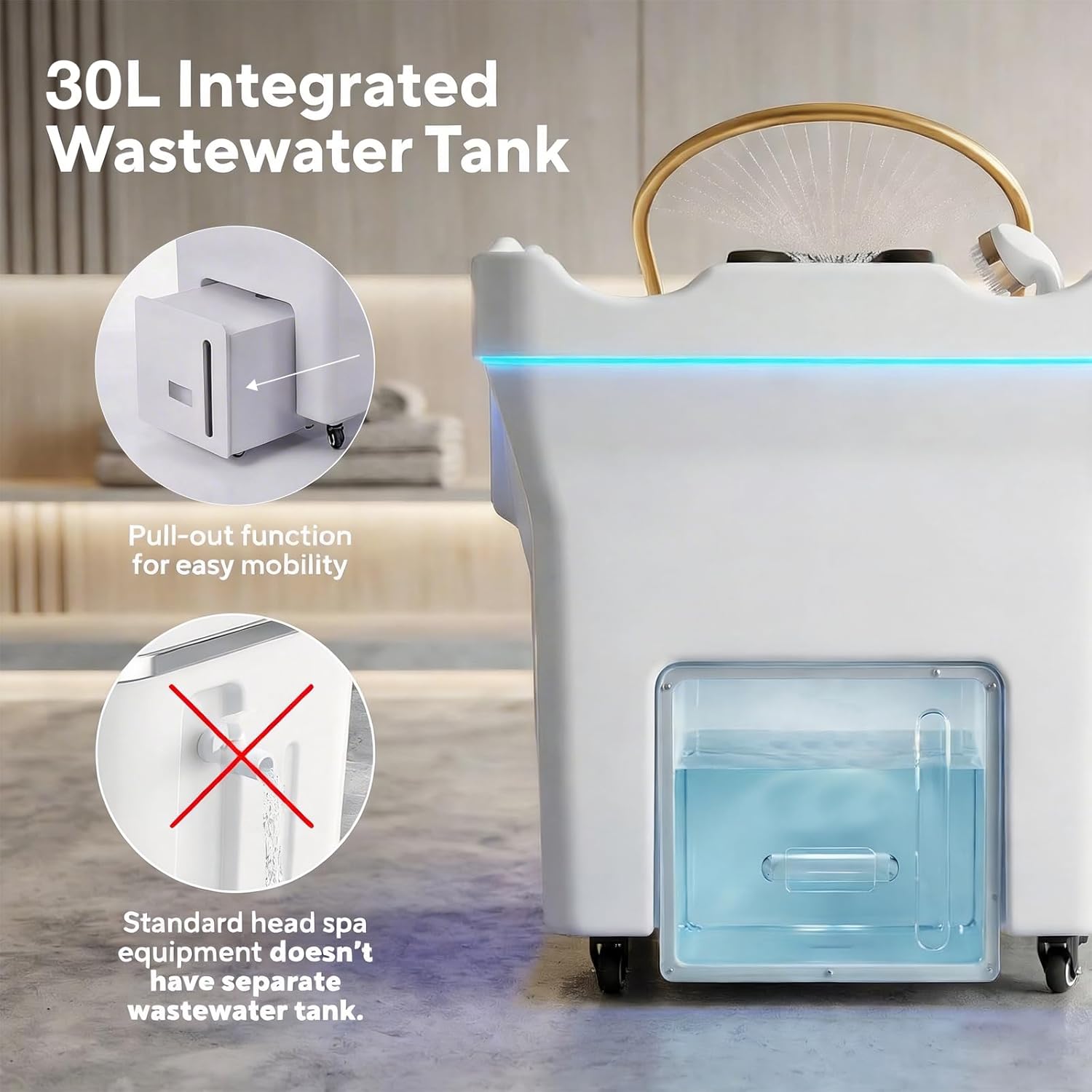 Japanese Head Spa Equipment - Portable Bed Water Shampoo Bowl with Water Circulation & 25L Wastewater Tank, Water and Electricity Separation｜Safe Use, Home Salon-Grade Scalp Care with Light Therapy