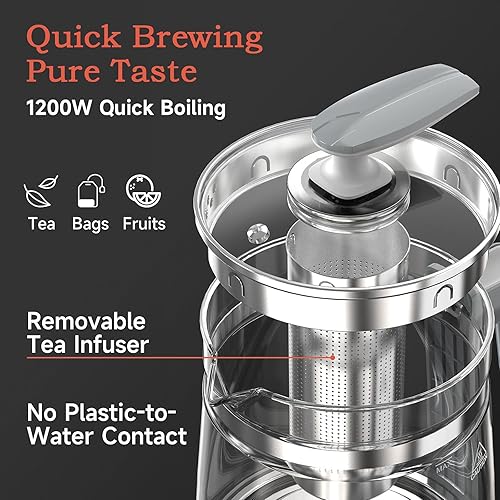 Miniatura 3 de Tetera eléctrica de vidrio caliente con infusor de té y control de temperatura, cafetera de acero inoxidable de 1.5 L y ebullición rápida de 1200 W,