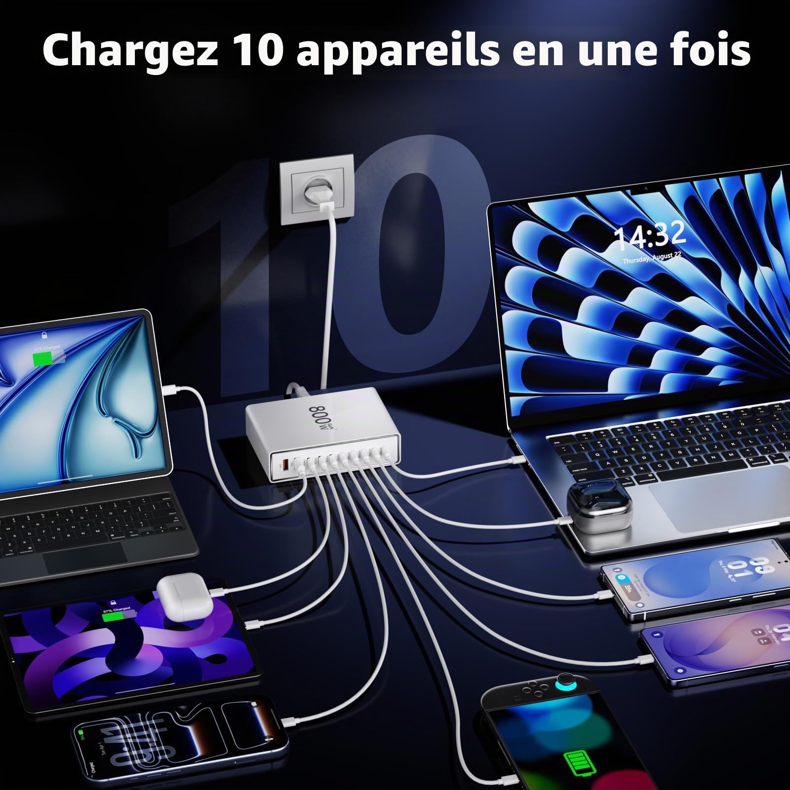 Chargeur USB-C 800W, 10 Ports – 8X USB-C + 2X USB-A, Double PD PPS, Compatible MacBook Pro/Air, iPhone 16/15/14, Galaxy S25/S24/S23