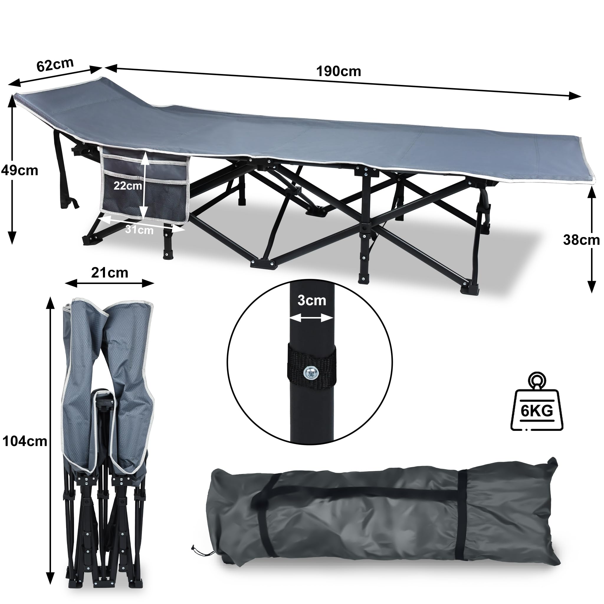 UISEBRT Letto da campeggio pieghevole, pieghevole, portatile, con borsa per il trasporto e tasca laterale, stabile, in tessuto Oxford, portata fino a 250 kg, ideale per interni ed esterni, campeggio