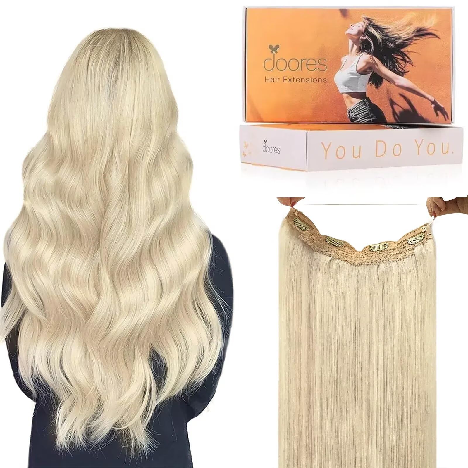 DOORES Wire Human Hair Extensions, Platinum Blonde 95g 16 Inch, Hair Extensions Real Human Hair Transparent Wire Natural Straight Hairpiece Invisible