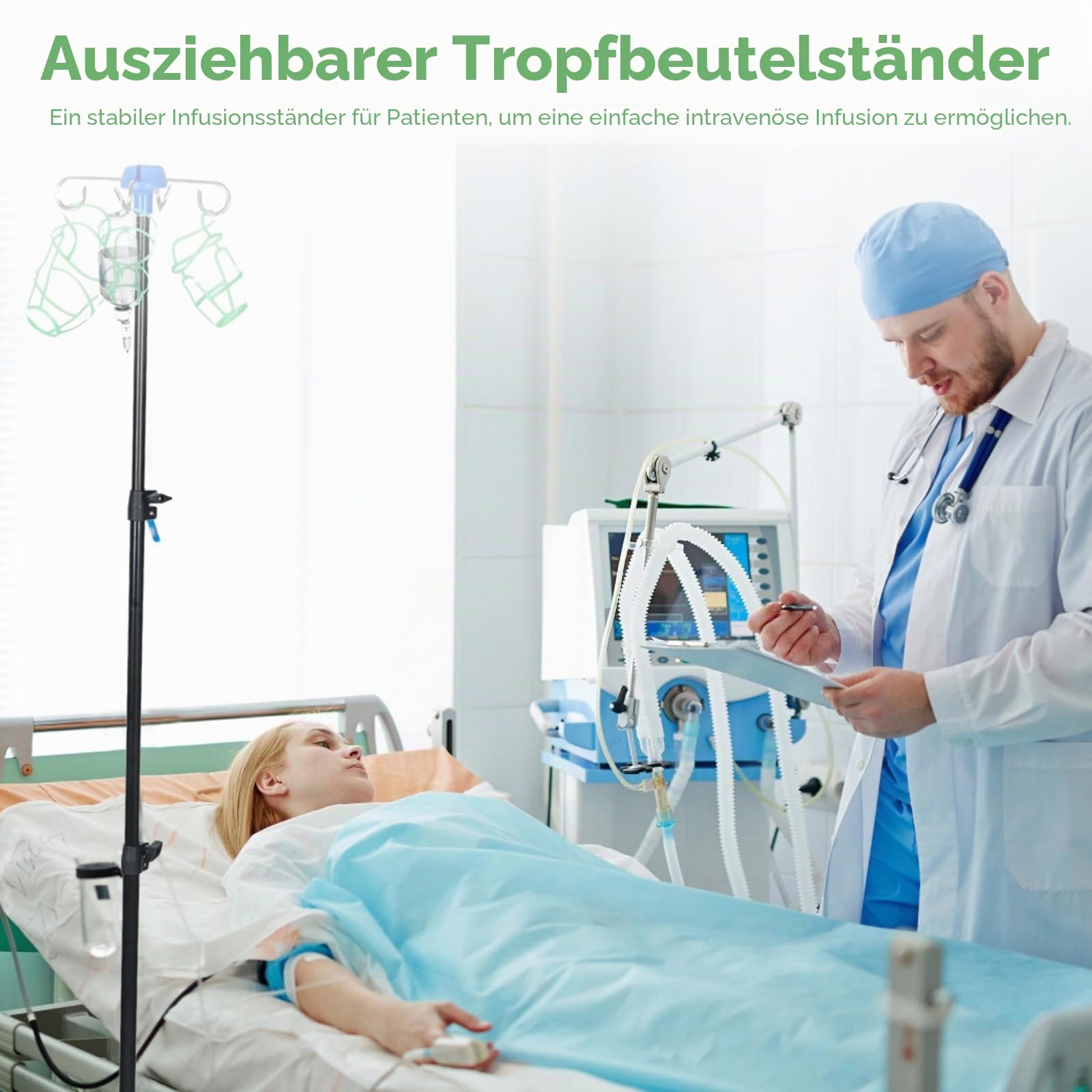 IV-Ständer mit 4 Haken und 3 Netzbeuteln, zusammenklappbares Stativ für intravenöse infusionsständer, tragbarer mobiler Infusionsflaschenständer