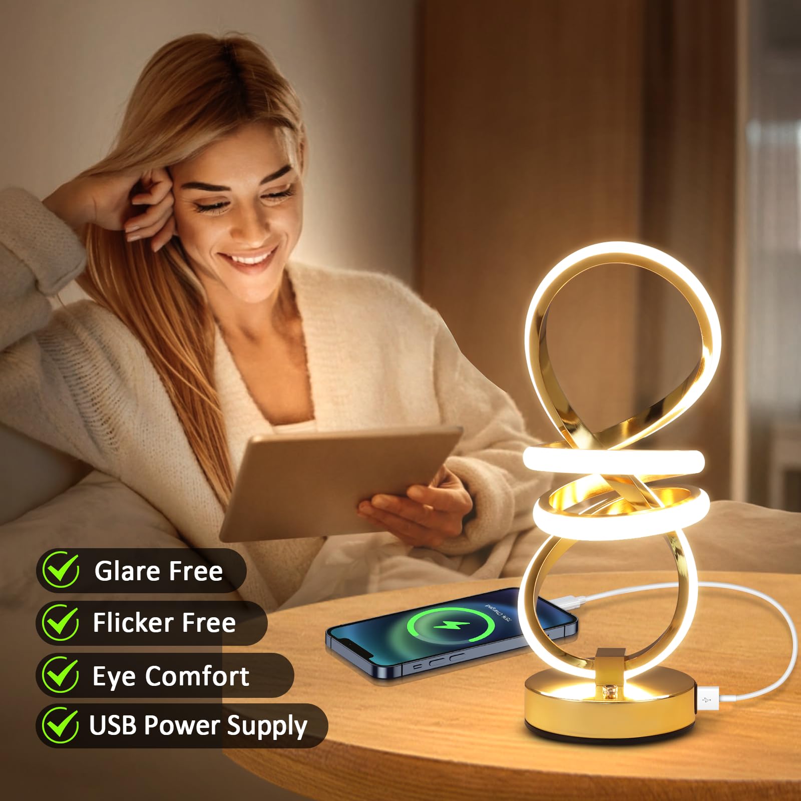 EIDISUNY Nachttischlampe LED – Dimmbar, 3 Farbtemperaturen, Touch-Control, Mit USB- & Type-C-Anschlüssen, Silber