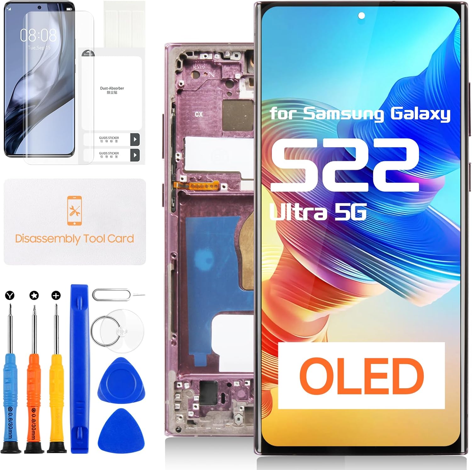 OLED Screen Replacement for Samsung Galaxy S22 Ultra 5G for Samsung S22 Ultra 5G S908 LCD Display Touchscreen Digitizer Glass Assembly SM-S908B SM-S908U SM-S908W (Burgundy Red with Frame)