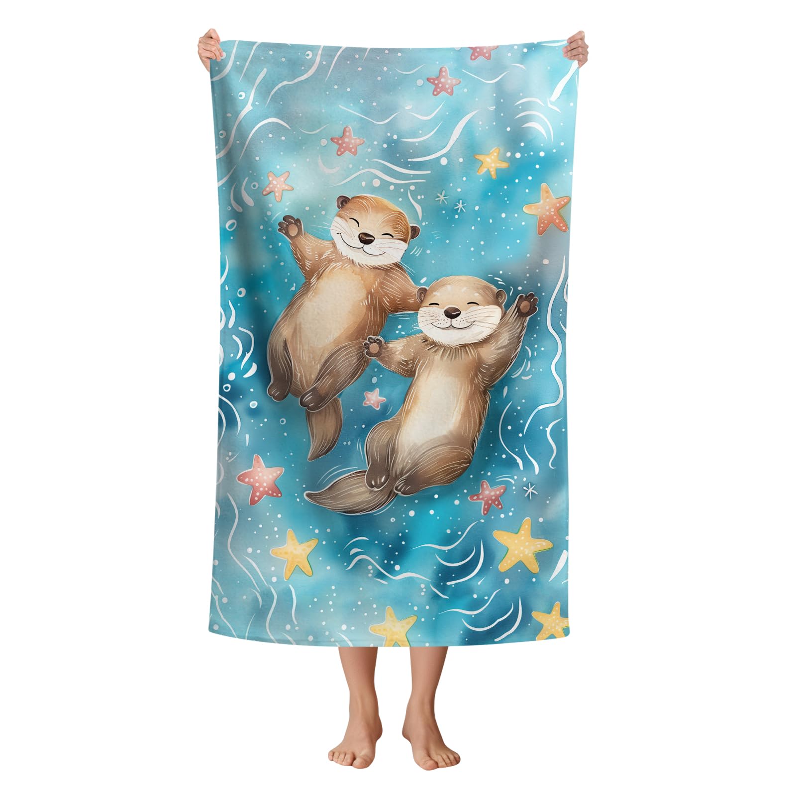 WZOMT Cute Otter Beach Towel, Kawaii Sea Otter Starfish Blue Bath Towel for Boys Girls Kids, Microfiber Quick Dry Animal Print Towels for Pool Bathroom Swim Travel, Oversized 32x52 Inch