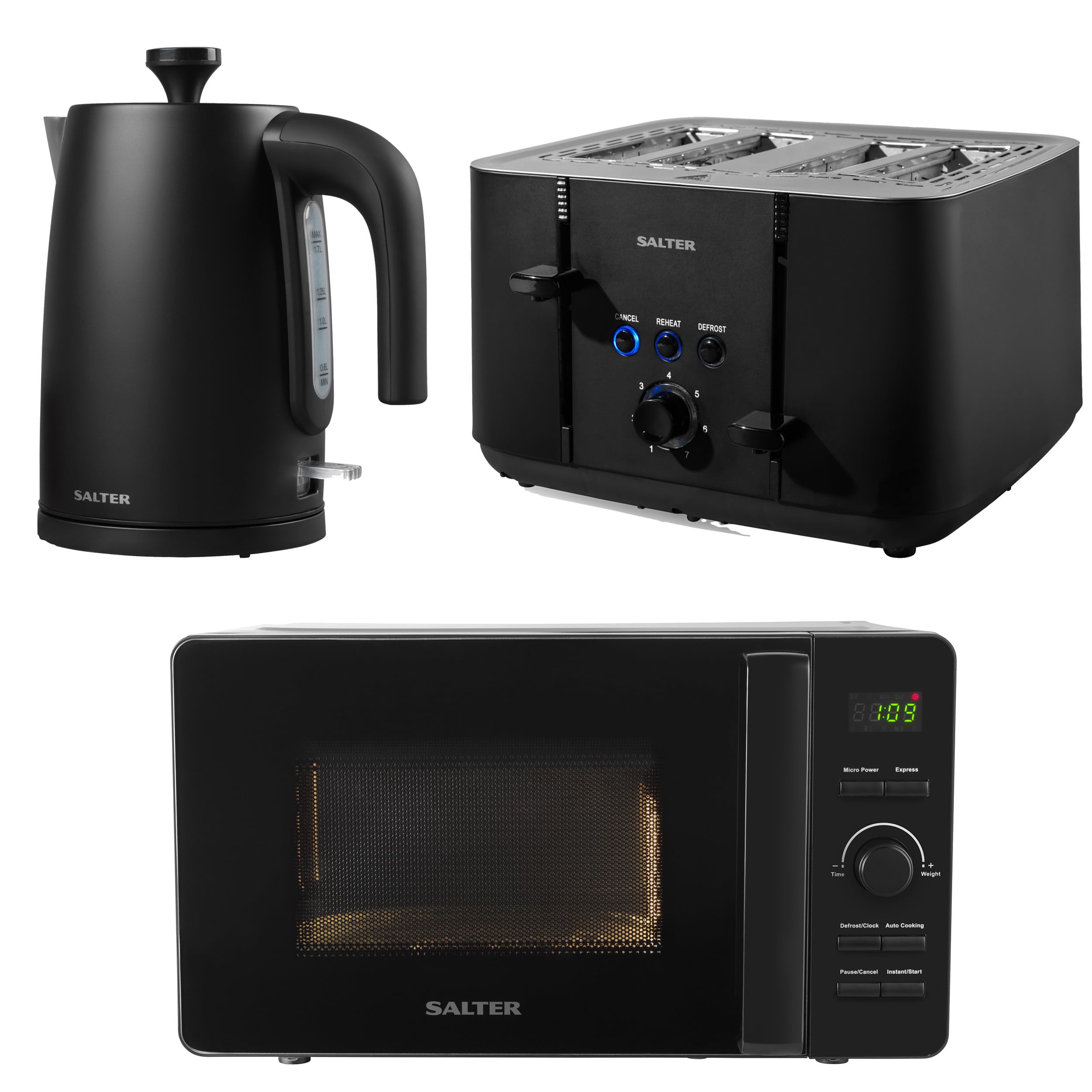 Salter COMBO-8801 Kettle Toaster Microwave Set – Matching Kitchen Countertop Breakfast Set, Rapid Boil 1.7L 3kW Kettle, 4-Slice Anti-Jamming Toaster, 20L 800W Digital Dial Microwave, Kuro, Black