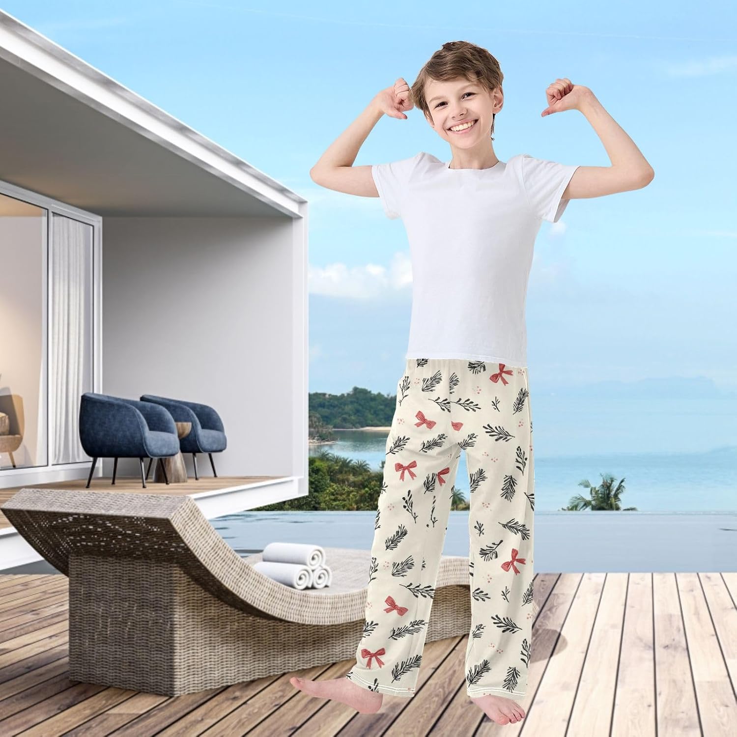 visesunny Boys' Pants Christmas Bow Branches Leaves Jogger Pants Elastic Waist Long Bottoms Trousers with Pockets S-XL