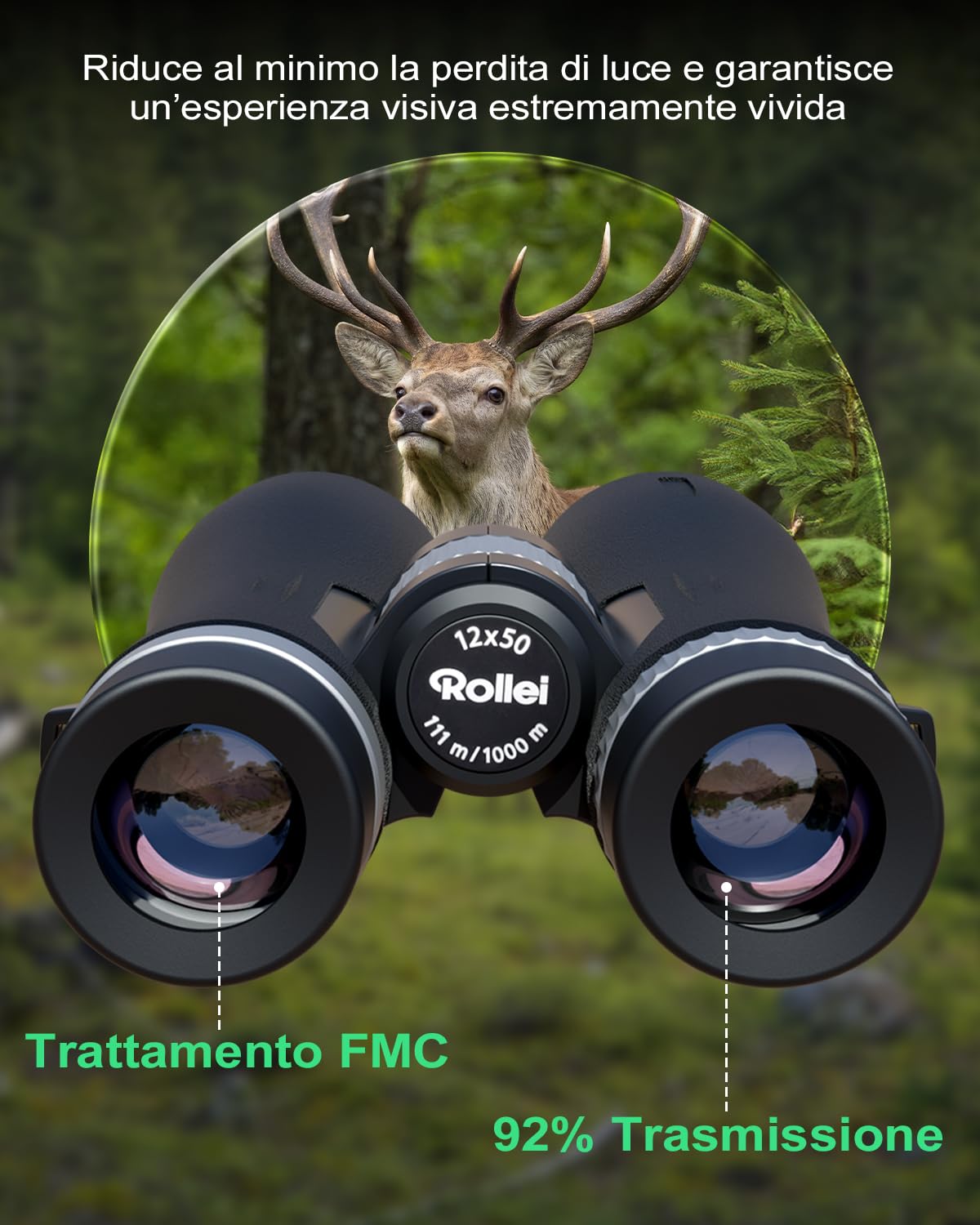 Binocolo Professionale 12x50 Pro Rollei Binocular Potenti per Adulti con Ingrandimento 12x e Lenti FMC Resistente IPX6 Binocolo per Hobbisti Birdwatching Caccia Escursionismo e Sightseeing