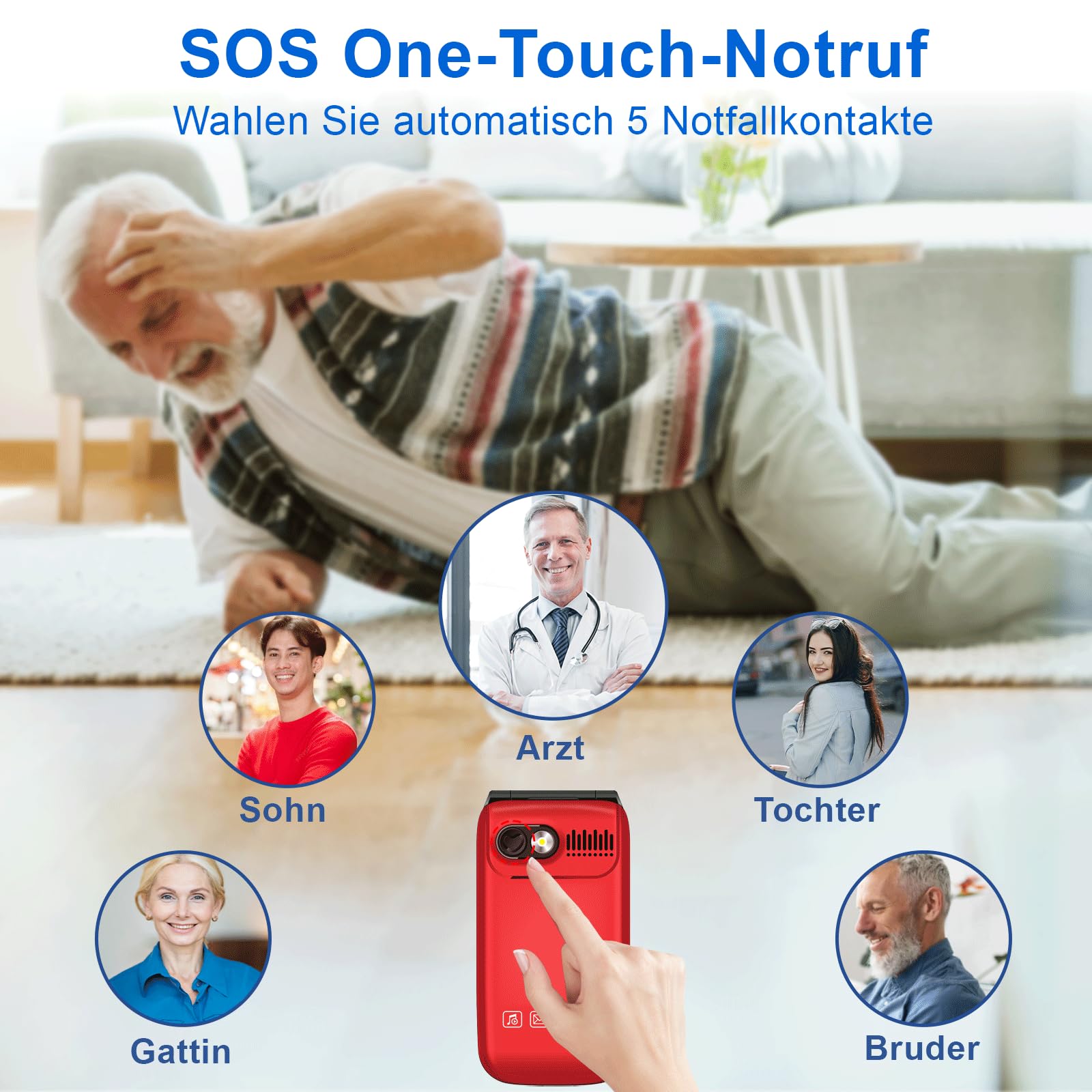 Seniorenhandy Klapphandy ohne Vertrag,Dual SIM 2G GSM mit SOS-Notruftaste,Rentner Handy Großen Tasten mit 1600mAh Akku,USB-C,2.4"+1.77" Dual Display,Rot