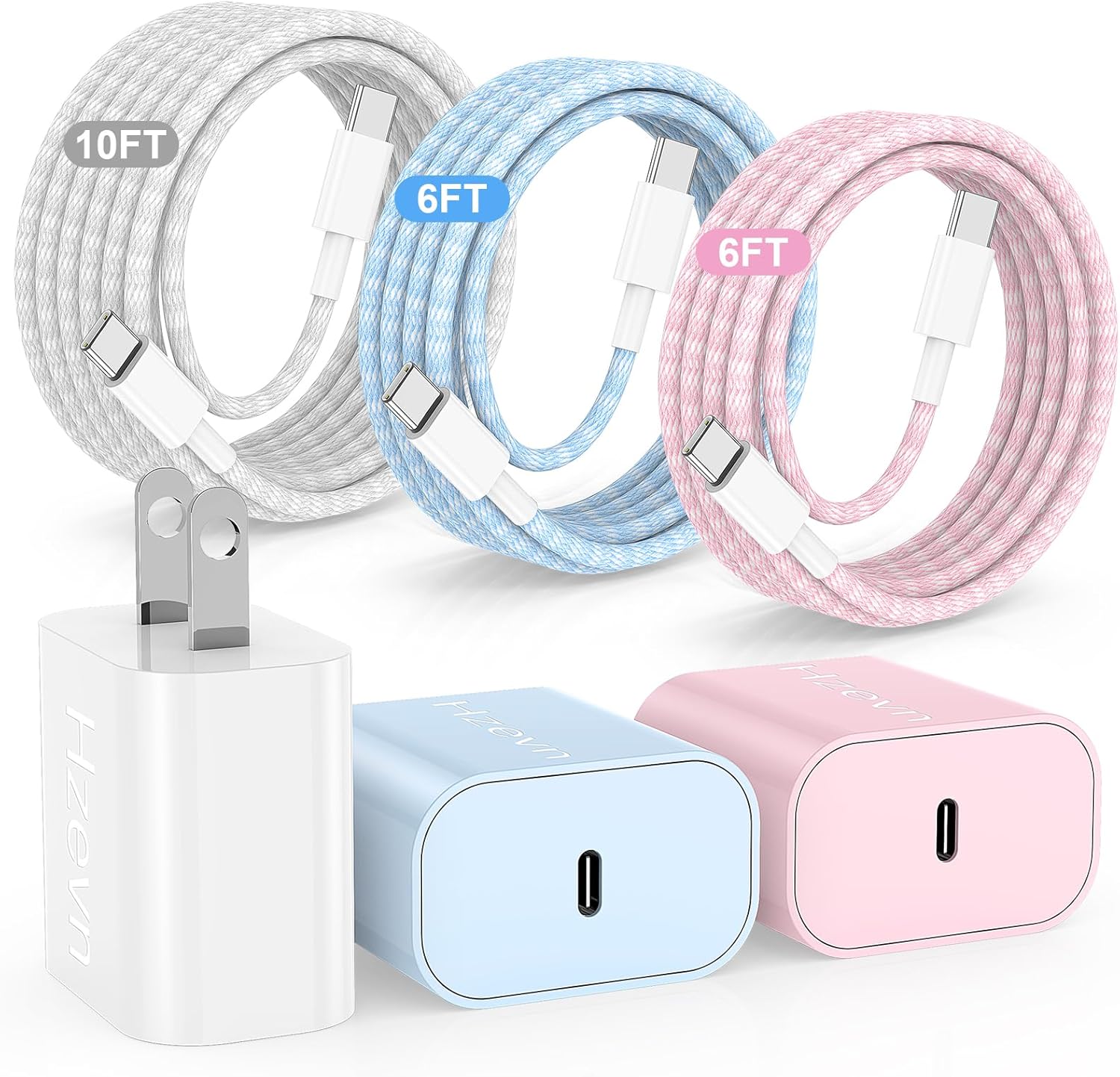 20W USB C Fast Charging for iPhone 17 Air/16/15 Pro Max,3Pack Colorful Mixed Charger Block with Braided Long USB C to C Cables (6/6/10ft) Compatible with iPhone16/15 Pro/15 Plus/iPad Pro