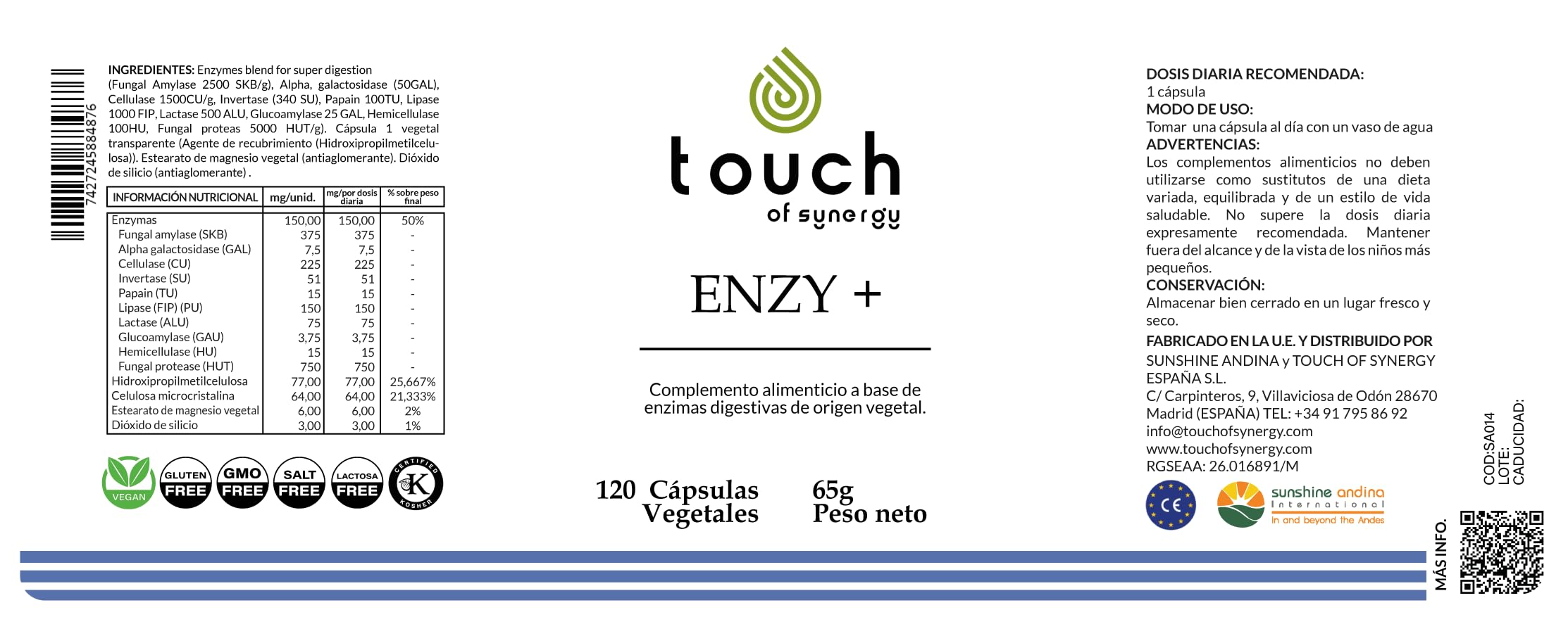 ENZY+ – Complejo de Enzimas Digestivas – Mejora la Digestión y Absorción de Nutrientes – Alivio de Hinchazón y Malestar Estomacal – 120 Cápsulas Vegetales