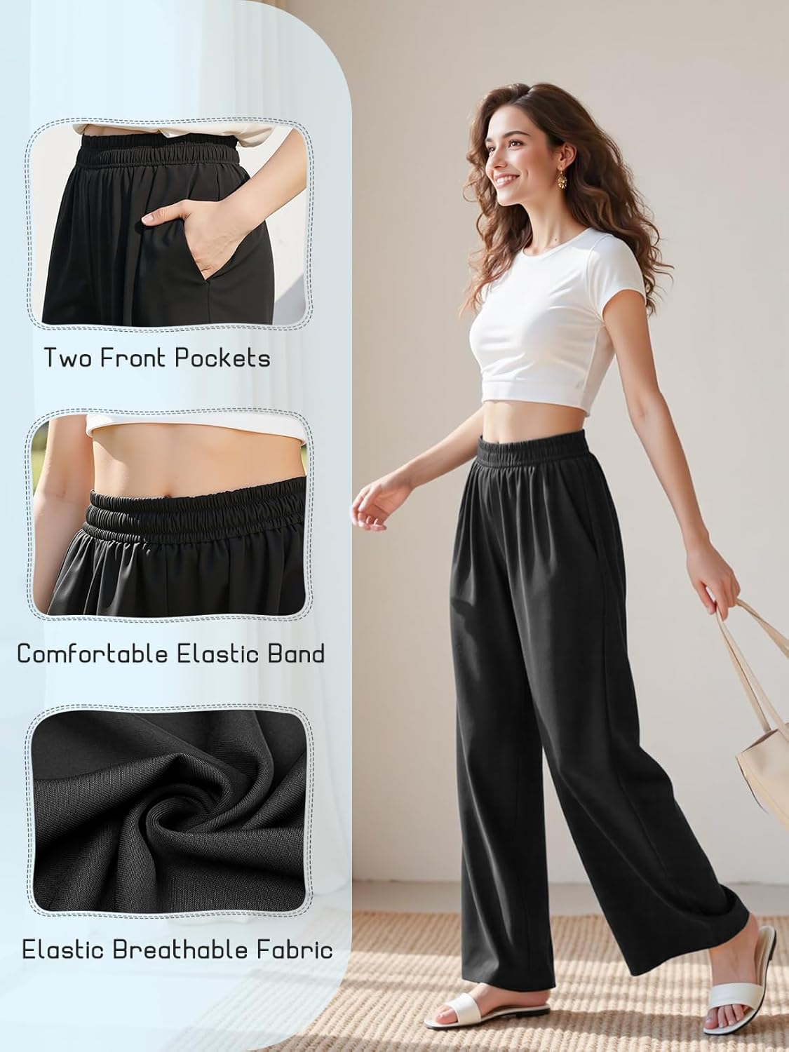 Women's Baggy Wide Leg Pants, High Waisted Breathable Trousers with Pockets, Business Casual Dress Work Pants - Image 3