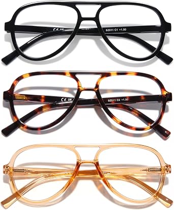 DOOViC 3 Pack Retro Aviator Reading Glasses for Women Men Lightweight Blue Light Blocking Computer Readers
