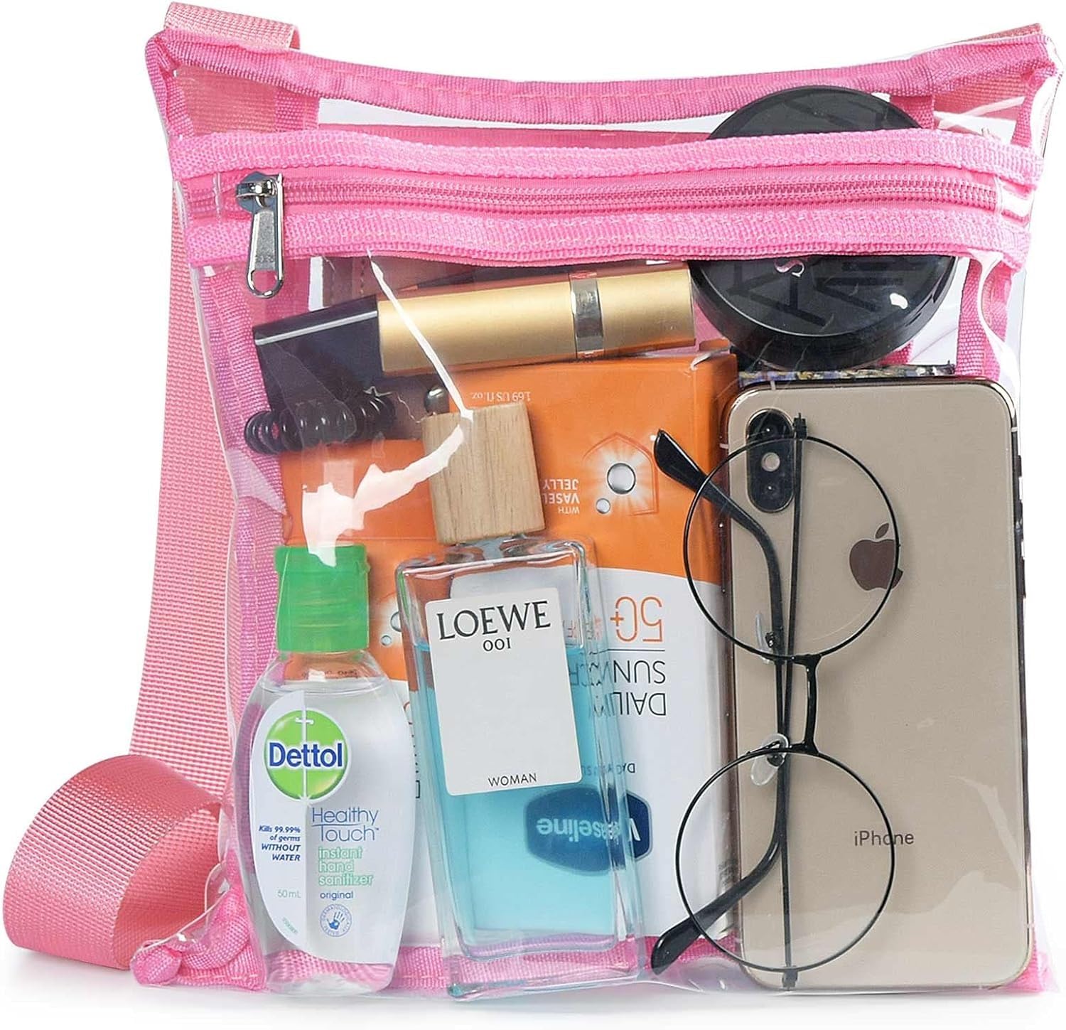 Women’s Clear Vinyl Cross-Body Purse; Stadium Approved with Adjustable Strap and Extra Inside Pocket; Pink-image-16