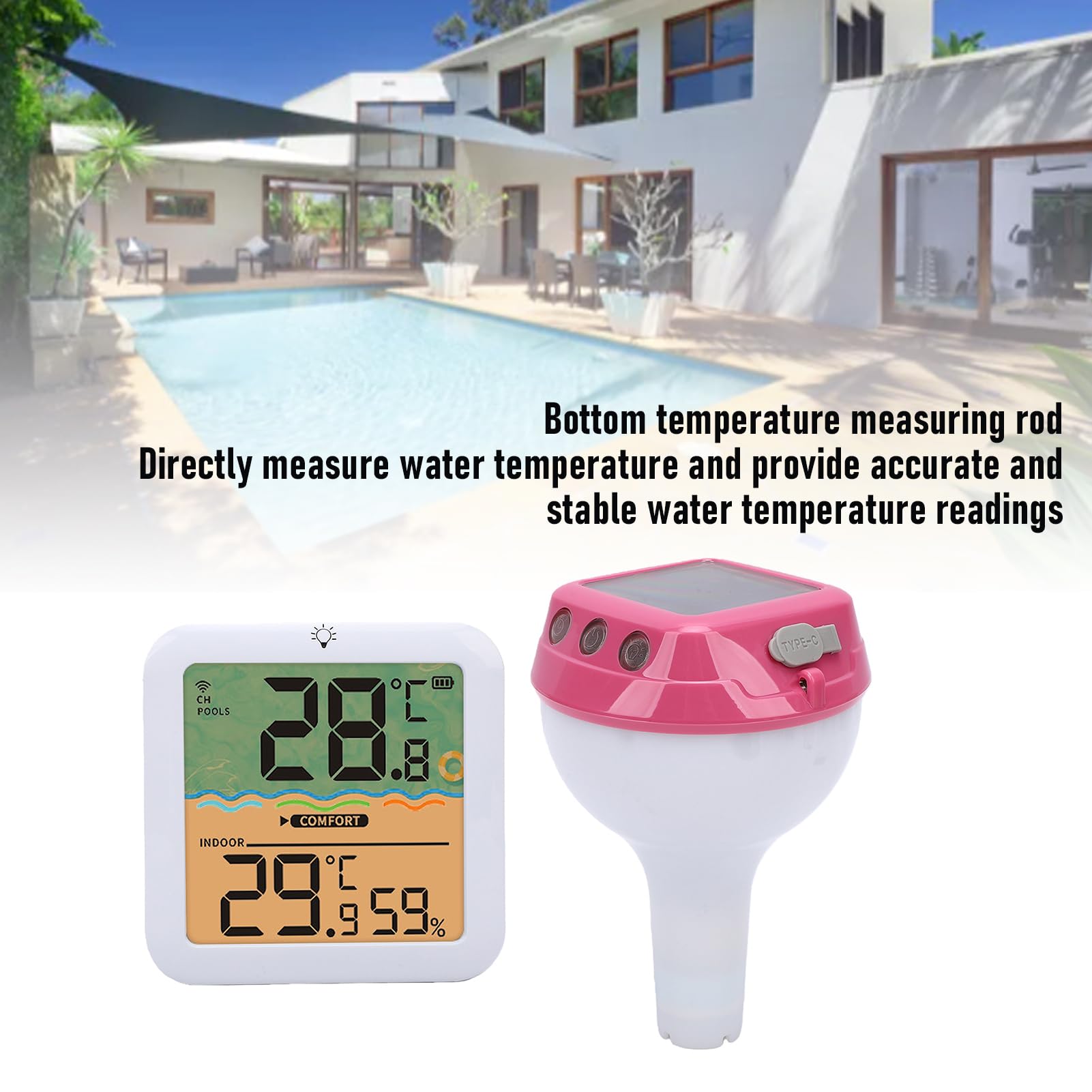 Bewinner Termómetro de Piscina Flotante con Energía Solar con Luz RGB, Termómetro Digital Solar Inalámbrico IP68 de Alcance de 328 Pies, Pantalla de Humedad Interior para Usuarios de (rojo)