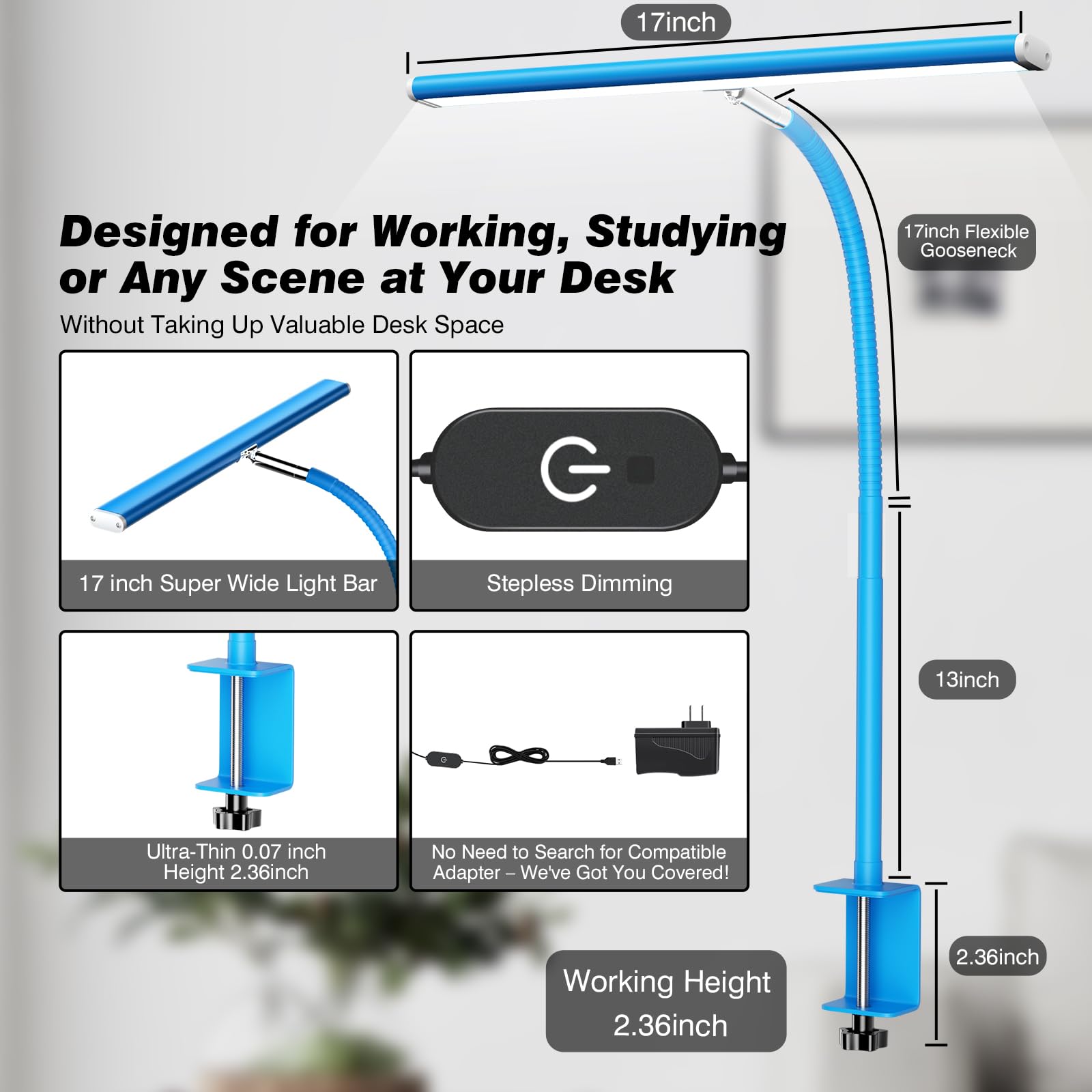 Airlonv LED Desk Lamp with Clamp, 17" Stepless Dimming Light, Blue view 3