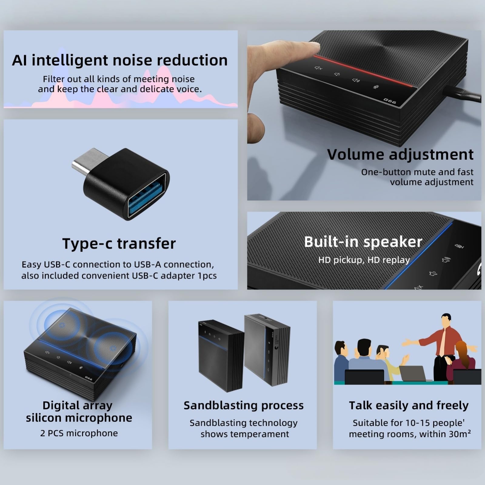 EMEBAY Altoparlante per PC e microfono da conferenza USB, con 2 microfoni omnidirezionali a 360°, riduzione del rumore tramite AI, tasto muto per sala riunioni o stazione di telelavoro