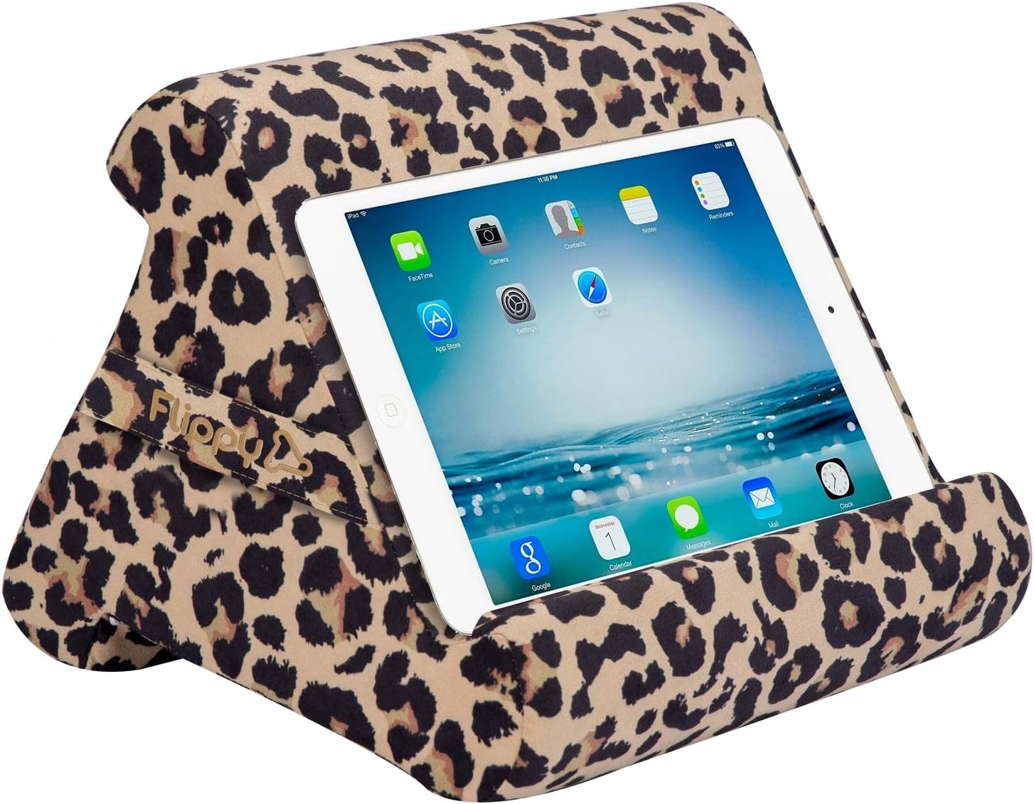 FlippyTablet 4.0 Pillow Stand Holder for Lap, Desk & Bed - Convenient Storage for Your Items - Carry Strap Handle - Compatible with iPad Pro, Kindle, Fire, Samsung Galaxy - Def Leopard